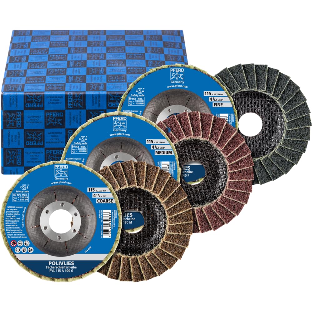 PFERD POLIVLIES Set di dischi in PVL 115, diametro 115 mm, larghezza 18 mm, foro 22,23 mm, corindone A 100,180,280| 44698007 per levigatura fine