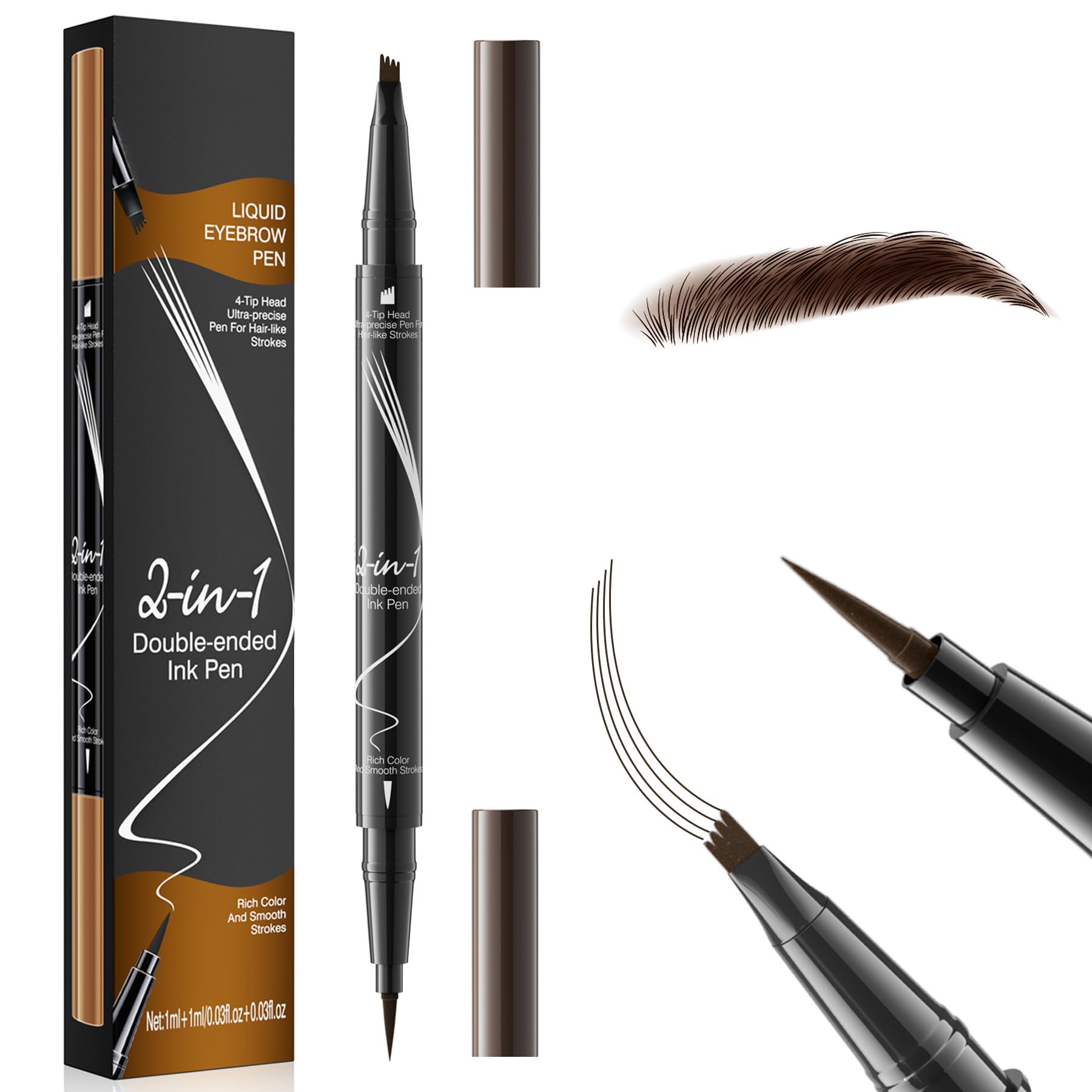 Microblading Eyebrow Pencil, Curved Eyebrow Pen, Magic Eye Brow Pencil for Women with 4-Fork-Tip & Precise Brush-Tip, Natural Hair Like Eye Contouring Pen, Last All Day (Dark Brown)