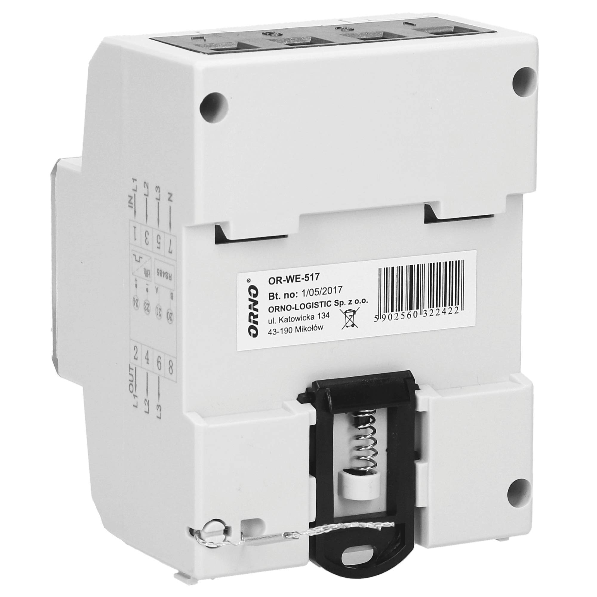 ORNO WE-517 Contatore Energia Elettrica Multitariffa Bidirezionale DIN Binario per Sistemi Trifase con Certificato MID e RS845, 0.25A - 80A.3 x 230V/400V, 50/60Hz, 1000 imp/kWh