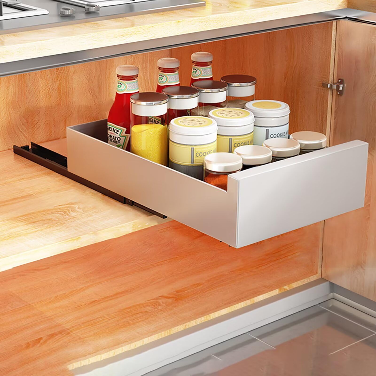 Regulowany organizer do szuflad kuchennych z wysuwanymi szynami do przechowywania szafek, teleskopowy organizer na półkę dla łatwej instalacji, 35 cm