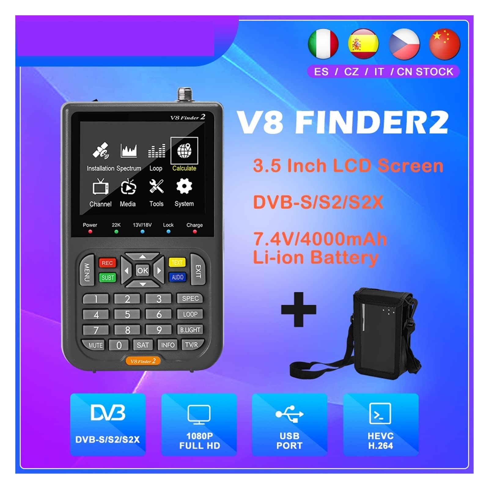 Medidor de Campo TDT, DVB-S2X / S2 / S Buscador de señal satelital V8 Finder2 Medidor 1080P HD 3.5quot; Pantalla de visualización H.264 Receptor de TV digital ,para configurar antena parabólica(With b