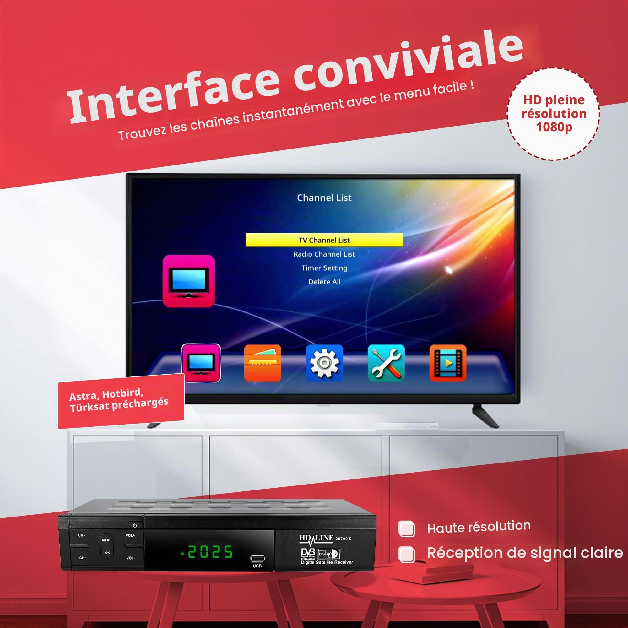 HD-Line 20700 HD Récepteur Satellite DVB-S2 HD pour récepteur Satellite numérique (DVB-S/S2, HDMI, SCART, 2 Ports USB 2.0, Full HD 1080p) (Préprogrammé pour Astra Hotbird et Türksat