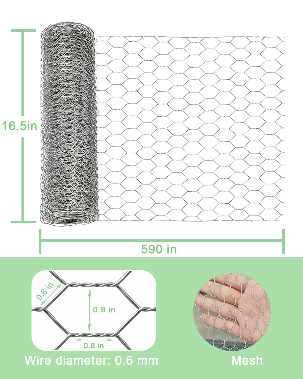 Grillage à lapin galvanisé argenté - 35 cm x 15 m - Treillis hexagonal - Largeur des mailles de 25 mm - Épaisseur du fil de 0,6 mm - Clôture métallique pour jardin, clôtures animaux, protection des