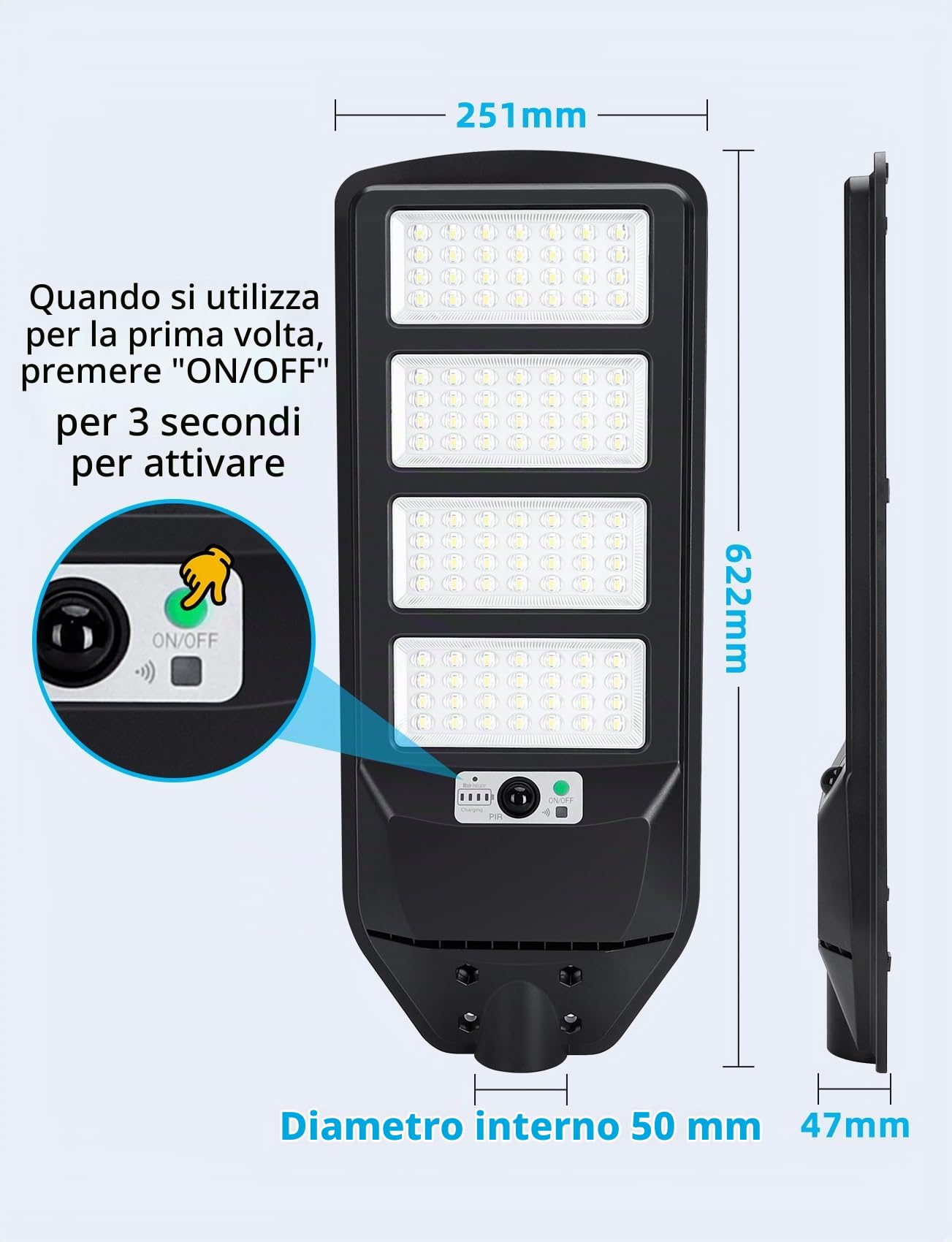 Aigostar- 4Pz 200W Lampione Solare da Esterno con Sensore di Movimento, Telecomando, Impermeabile IP65, 2000LM Luce Fredda 6500K, Lampioni Solari LED per Giardino, Cortile, Strada,Non Include il Palo
