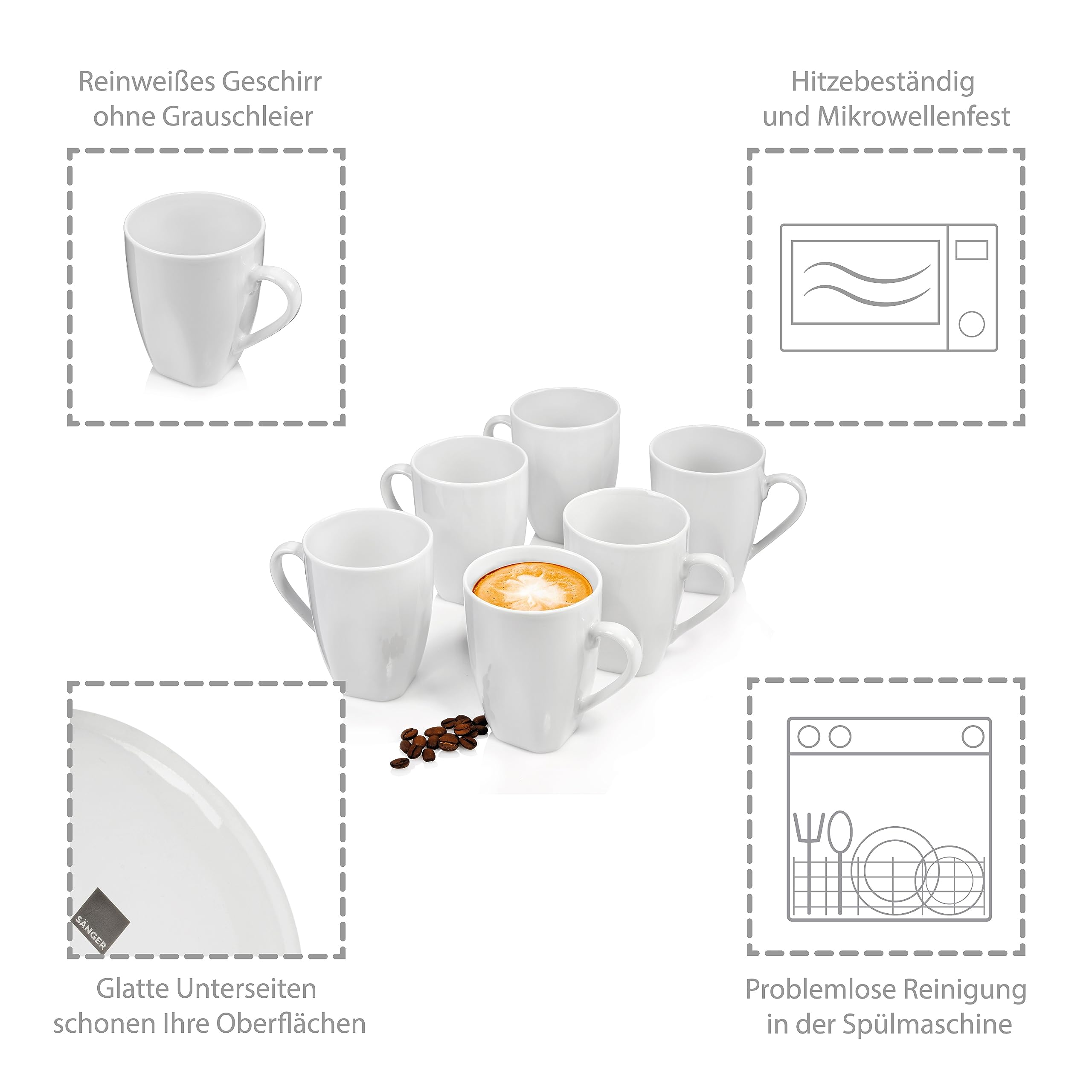 SÄNGER | Kaffeebecher Set Avalon 6 tlg, Porzellan Kaffeetassen für 6 Personen, Kaffee Geschirr in Weiß, Tassen Set für Tee Kaffee & Kakao, Zeitlose Becher aus Porzellan 220 ml | PREMIUM COLLECTION