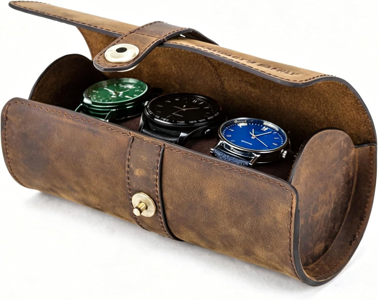 Natural Leather Watch Roll 3 Slots,Portable Travel Watch Case for Men Travel Gym Outdoor Adventures