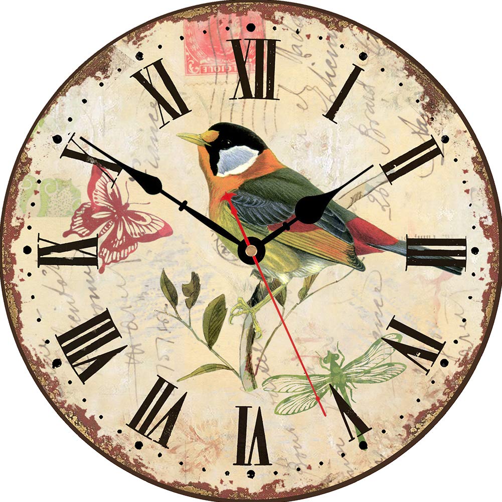 VIKMARI Decorative Wall Clock 14 Inch Battery Operated Silent Non Ticking Quartz Round Retro Wood Wall Clock for Living Room Dining Room Bathroom Kitchen Bedroom Decor (Magpie on The Branch)