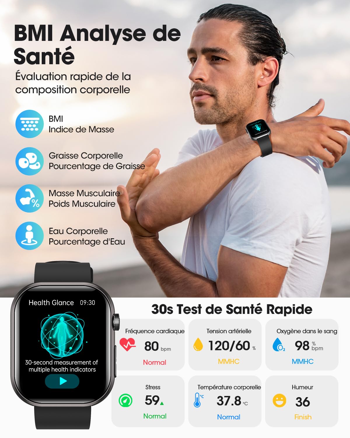 Montre Connectée Homme, ECG, HRV, IMC, Micro-Bilan de Santé, Noir
