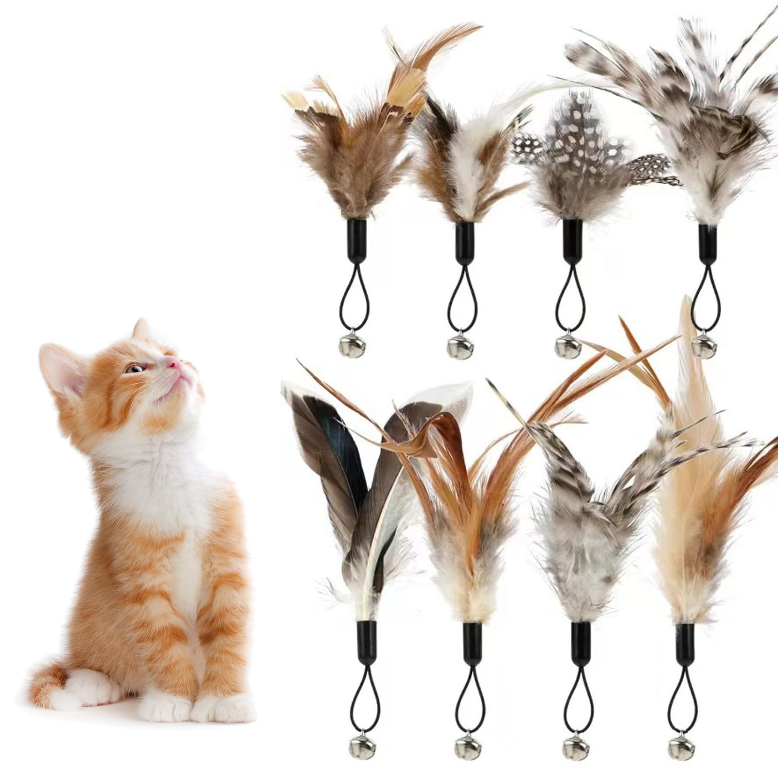 Muiltvoe 8 Pcs Cat Feather Toys with Bells,Feather Bell Cat Toy Cat Teaser Bells Feather Toys for Cats Replacement Feather Refills,Interactive Cat Toy for Indoor Cats Kitten Exercise Playing
