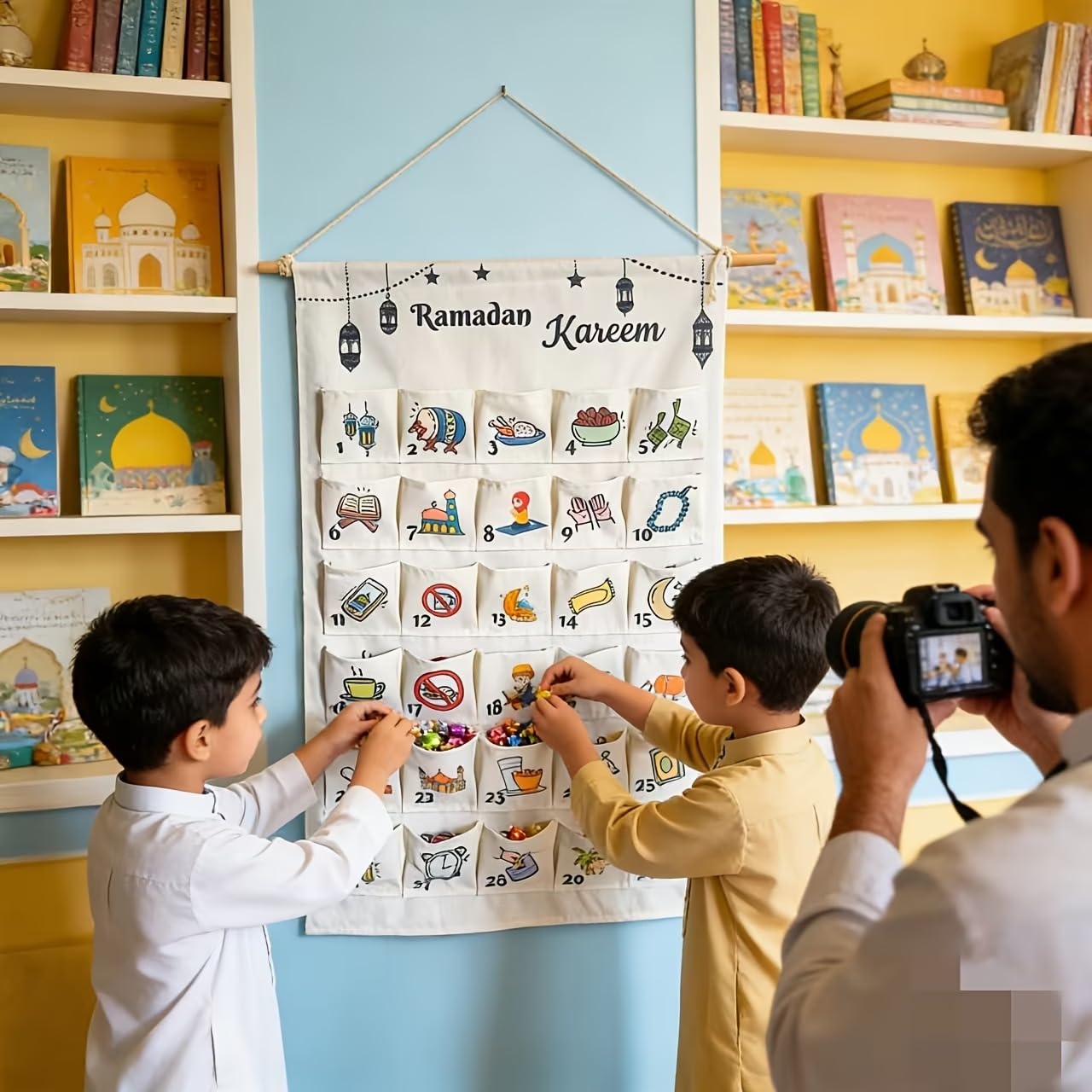Leinwand Wand-Organizer für Ramadan | Eid Mubarak Countdown Kalender & Tägliche Überraschungen | Multifunktionaler Ramadan Adventskalender