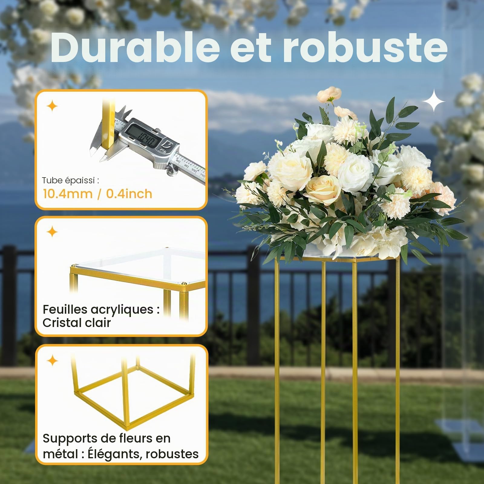 YALLOVE Lot de 2 Supports de Fleurs en métal doré de 60 cm pour décoration de Maison, de fête, de Mariage, Rectangular | Centres de table en acrylique transparent pour mariage, enterrement de vie de jeune fille, banquet et décoration de fête