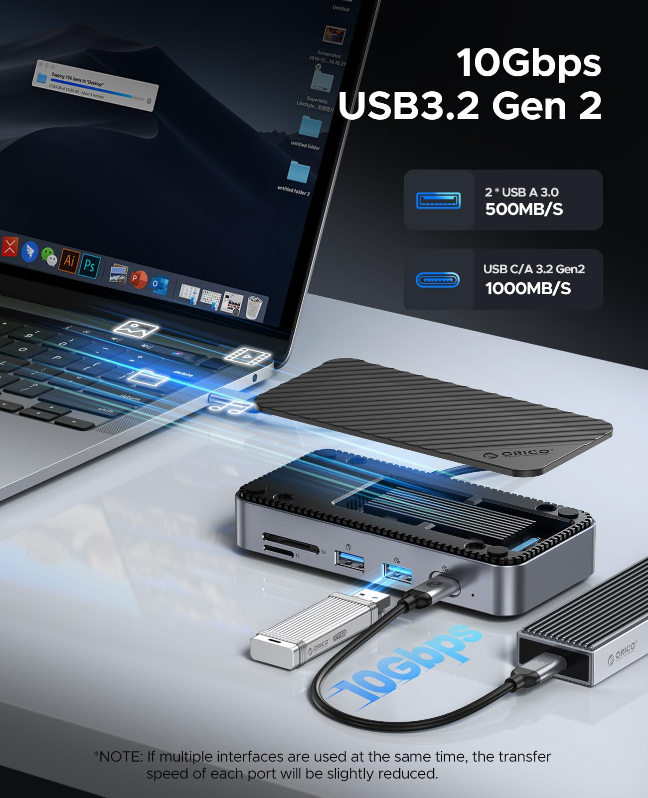 ORICO Hub 10 Gbps M.2 NVMe SSD, Gigabit Ethernet, 100 W PD, SD/TF, 2 x 5 Gbps USB A, USB-C