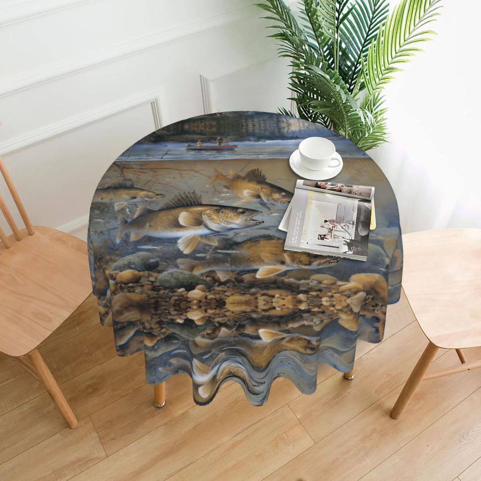hhxvcv Fishing Lake Fishermen Round Tablecloth – Dining Table Cover
