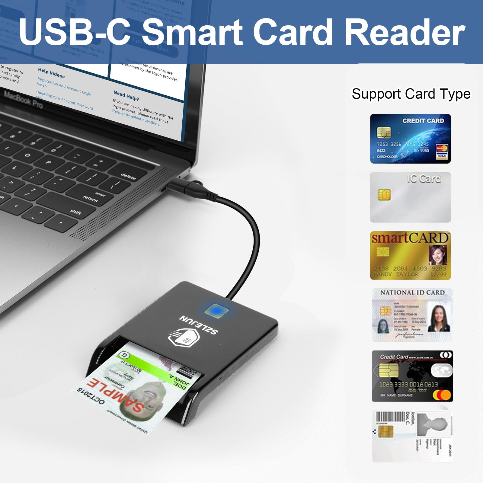 SZLEJUN CAC Reader USB A/USB Type-C - DOD Military CAC Smart Card Reader for Win/Mac/Linux/Android- PIV, PKI, EMV, eSIM, eID,Java Card Compatible with Testing Tools & SDK