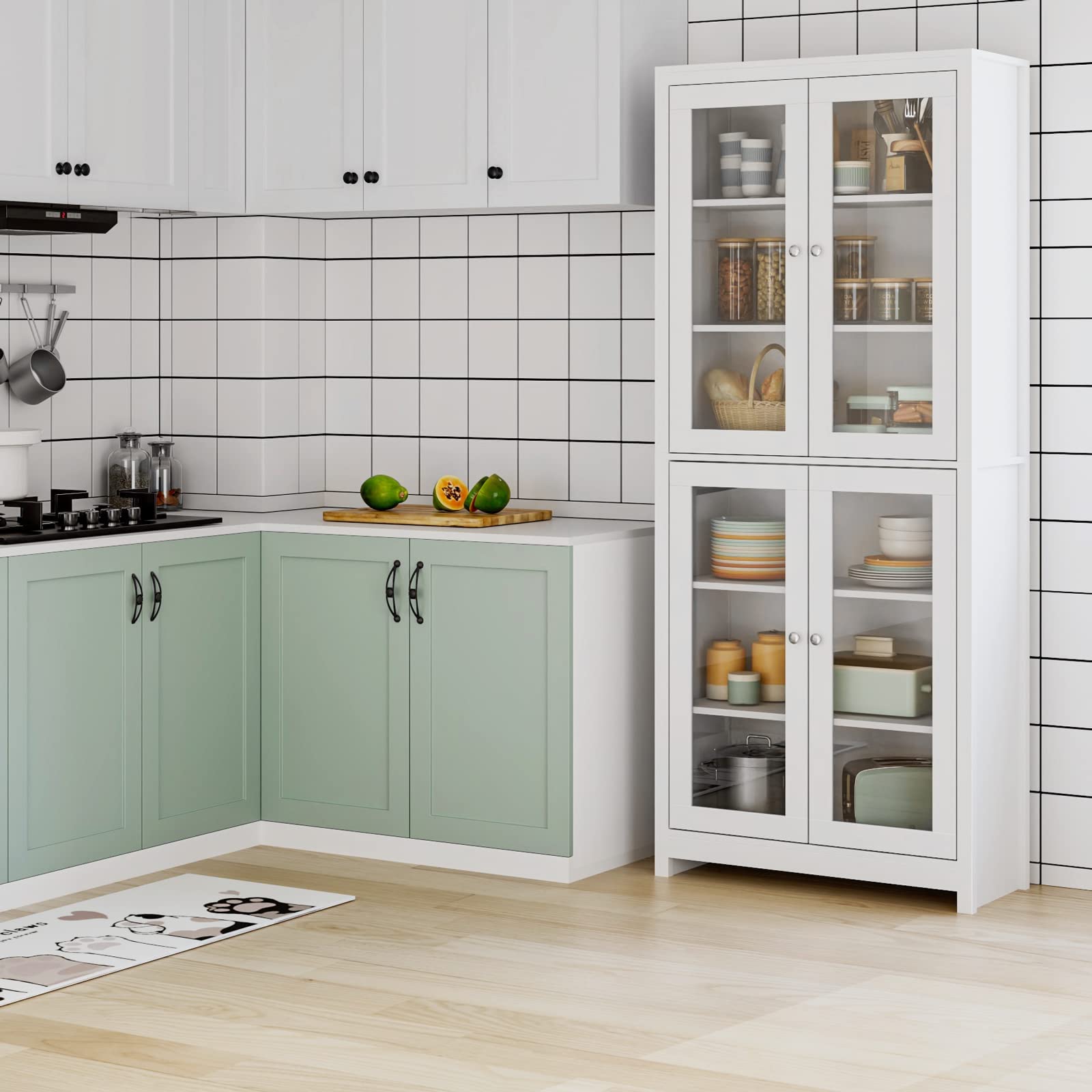 FOREHILL 190cm Libreria Vetrina Espositiva Alta,Armadietto con Vetrina Armadietto Laterale,Credenza Cucina con 4 Ante in Vetro 6 Scomparti,Vetrinetta per Soggiorno, Camera, Ufficio Bianco