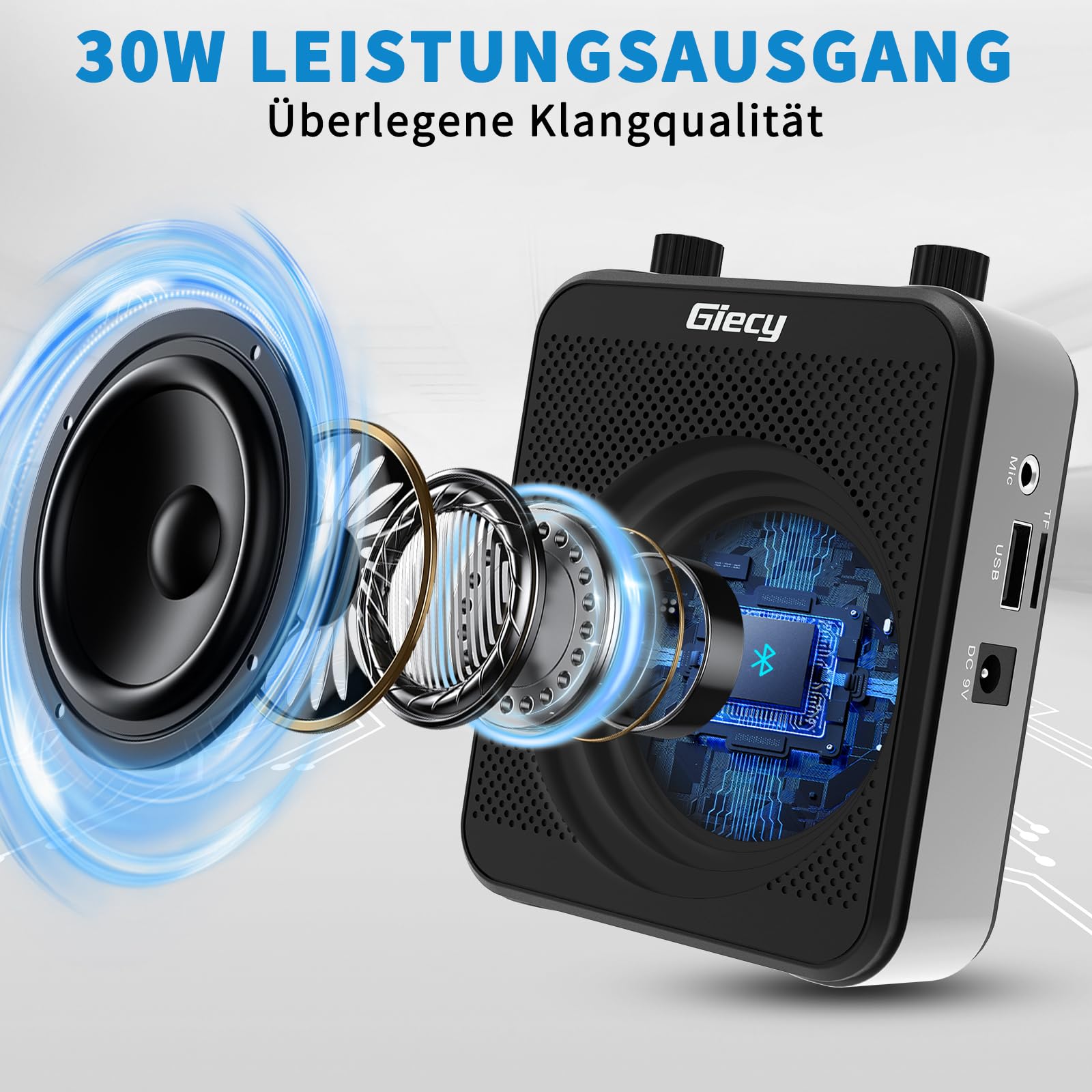 Sprachverstärker tragbar mit Mikrofon 7,4V/2800mAh Akku (14-17 Std. Laufzeit), Bluetooth, TF-Karte/USB, Aufnahme, Echo-Funktion, für Lehrer, Reiseführer, Konferenzen, Innen- & Außenbereic