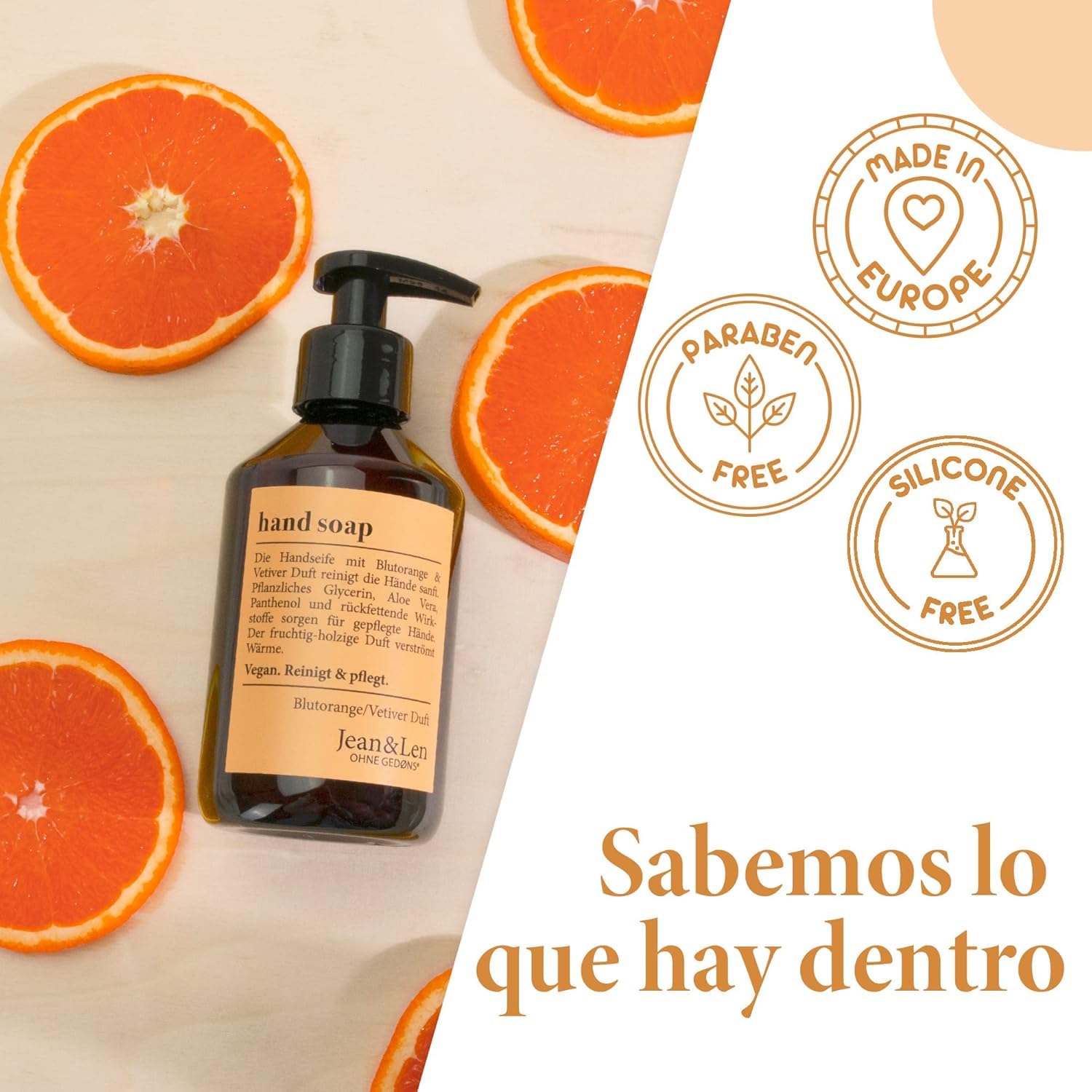Jabón líquido para manos Jean & Len de naranja sanguina y vetiver, en set, limpia suavemente las manos, jabón líquido en dispensador con bomba, aroma afrutado, sin parabenos, vegano, 6 x 250 ml
