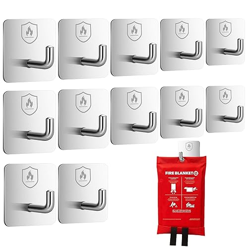 12 Pack Adhesive Wall Hooks for Fire Blankets, Stainless Steel