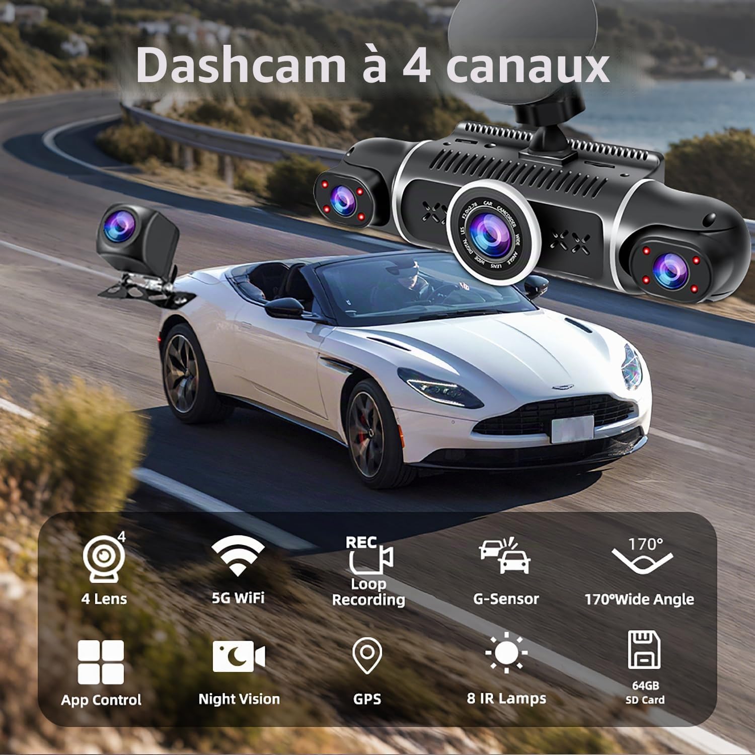 Caméra de tableau de bord 360 ° avant et arrière 4 canaux FHD 4 x 1080p, intérieur/arrière 170° + 2 x 150 ° + 170 ° grand angle, 8 lampes infrarouges, vision nocturne, WiFi 5G, GPS, application
