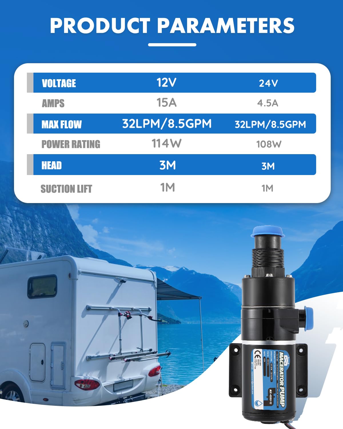 Mxmoonant 12V DC Pompe à déchets, 32 Lpm/min, 114W, Avec Lame à Quatre Têtes, Protection Contre les Surcharges, pour RV, Bateau, Toilettes, Cuisine, Aquaculture