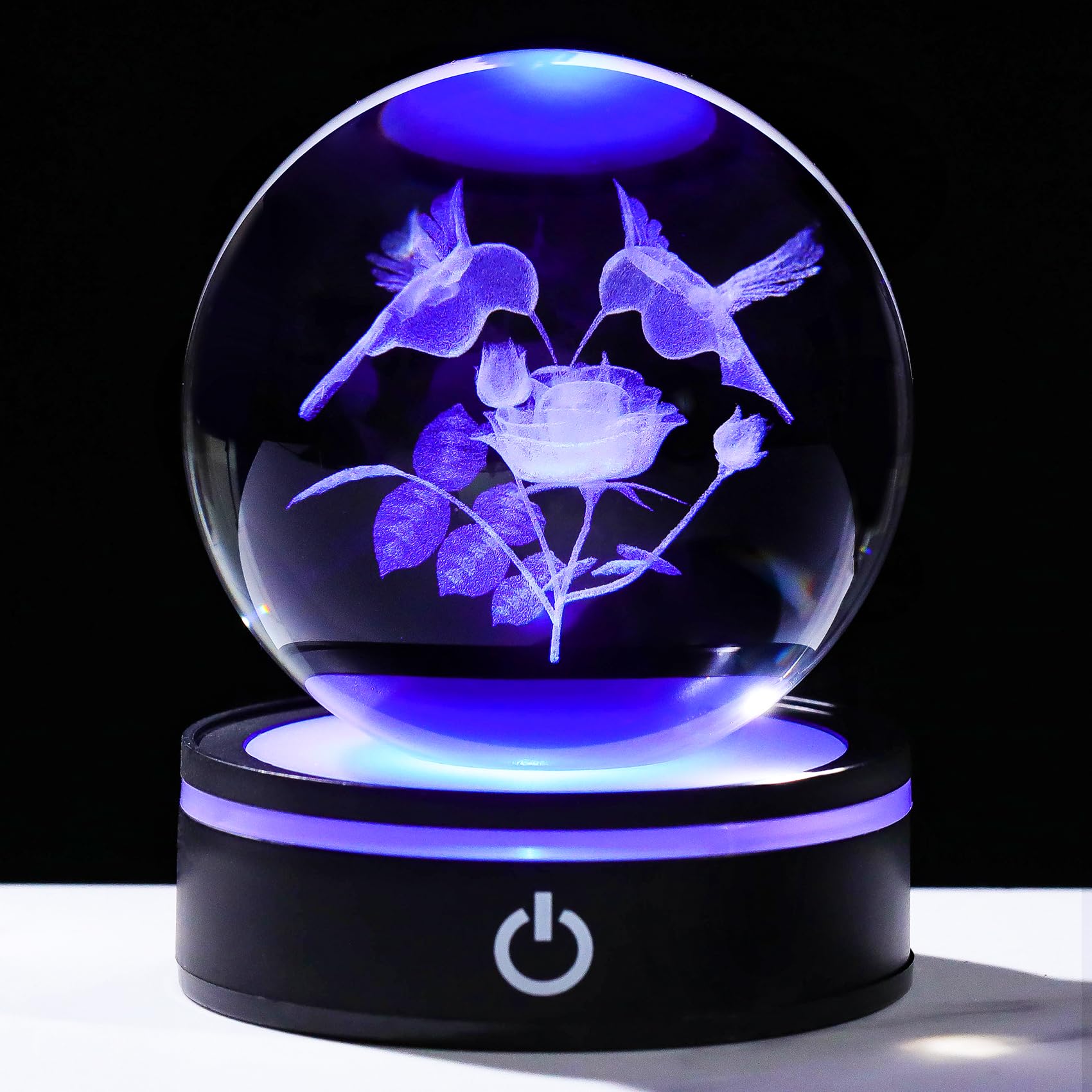 YWHL 3D Hummingbird Crystal Ball Figurine with LED Base, Hummingbird Gifts for Women Men on Birthday Christmas, Glass Decorative Hummingbirds with Rose Ball Night Light for Home Decor (80mm)
