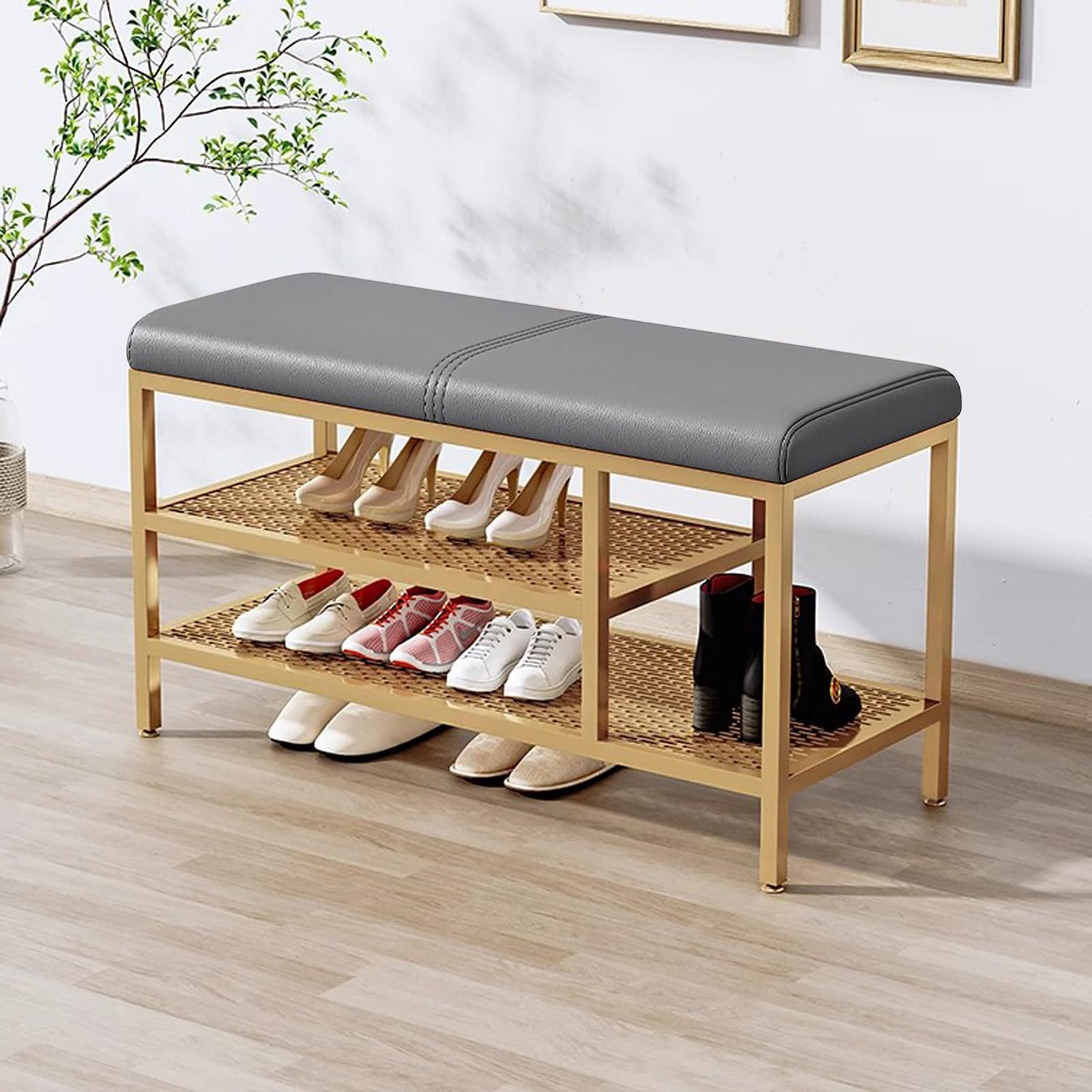 MSHGSKU Elegant 3 Tier Shoe Rack Bench with Gold Metal Frame – Upholstered Ottoman Shoe Storage for Entryway Hallway & Bedroom – Stylish & Functional nizer