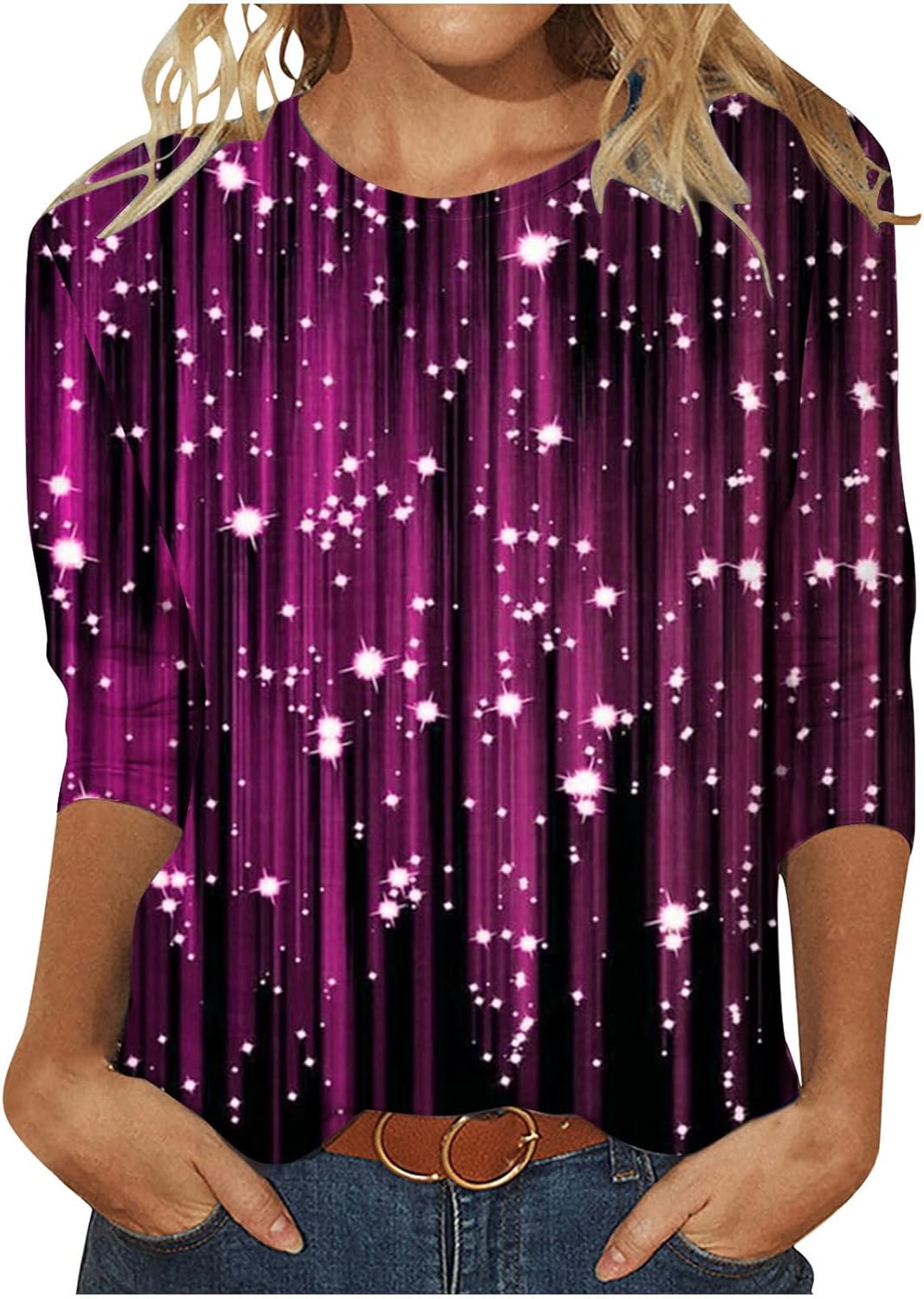 LSEEKA Maglietta Da Donna Con Maniche A 3/4, Con Brillantini, Casual, A Maniche Corte, Elegante, Per L'estate, Per Tutti I Giorni, Con Scollo Rotondo, A Maniche Corte, Tunica, Casual, Per Il Tempo - Foto 2