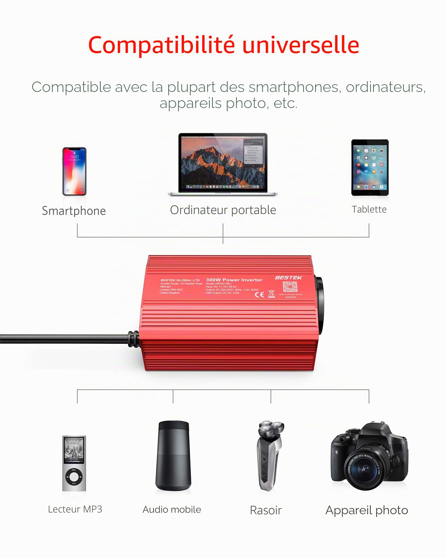 BESTEK Convertisseur 12V 220V 300W Onduleur Métal Chargeur Allume-Cigare Transformateur de Courant pour Voiture avec 1 AC Prise et 2 Ports USB 2,4 A et Clip de Batterie