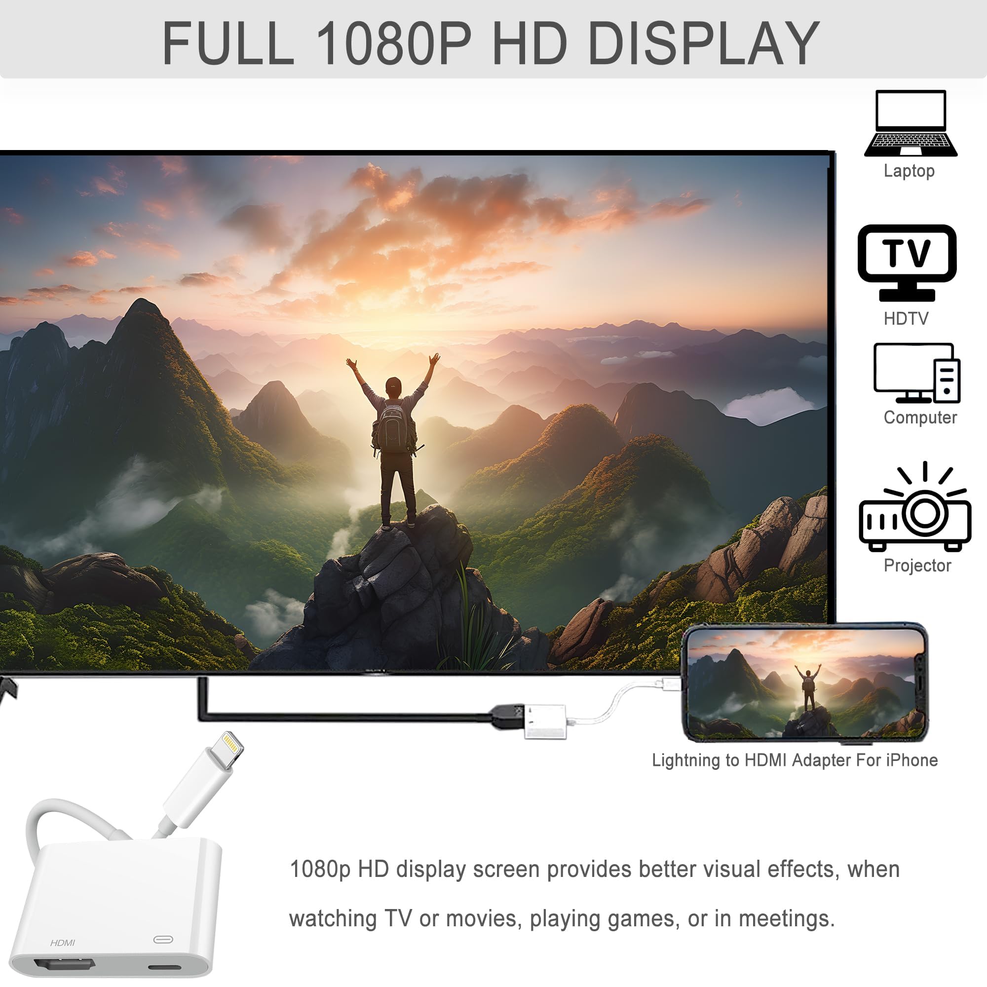 Adattatore HDMI per iPhone [Certificato Apple MFi] - AV Digitale 1080P Sync Schermo Cavo Connector per TV/HDTV/Monitor - Compatibile con iPhone 14/12/11/XS/8/7 e Tutti gli iOS iPad