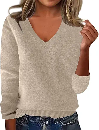OIOLOYJM Fall Cashmere Sweaters for Women 2025 V Neck Long Sleeve Tops Knitted Pullovers Lightweight Merino Wool Sweater