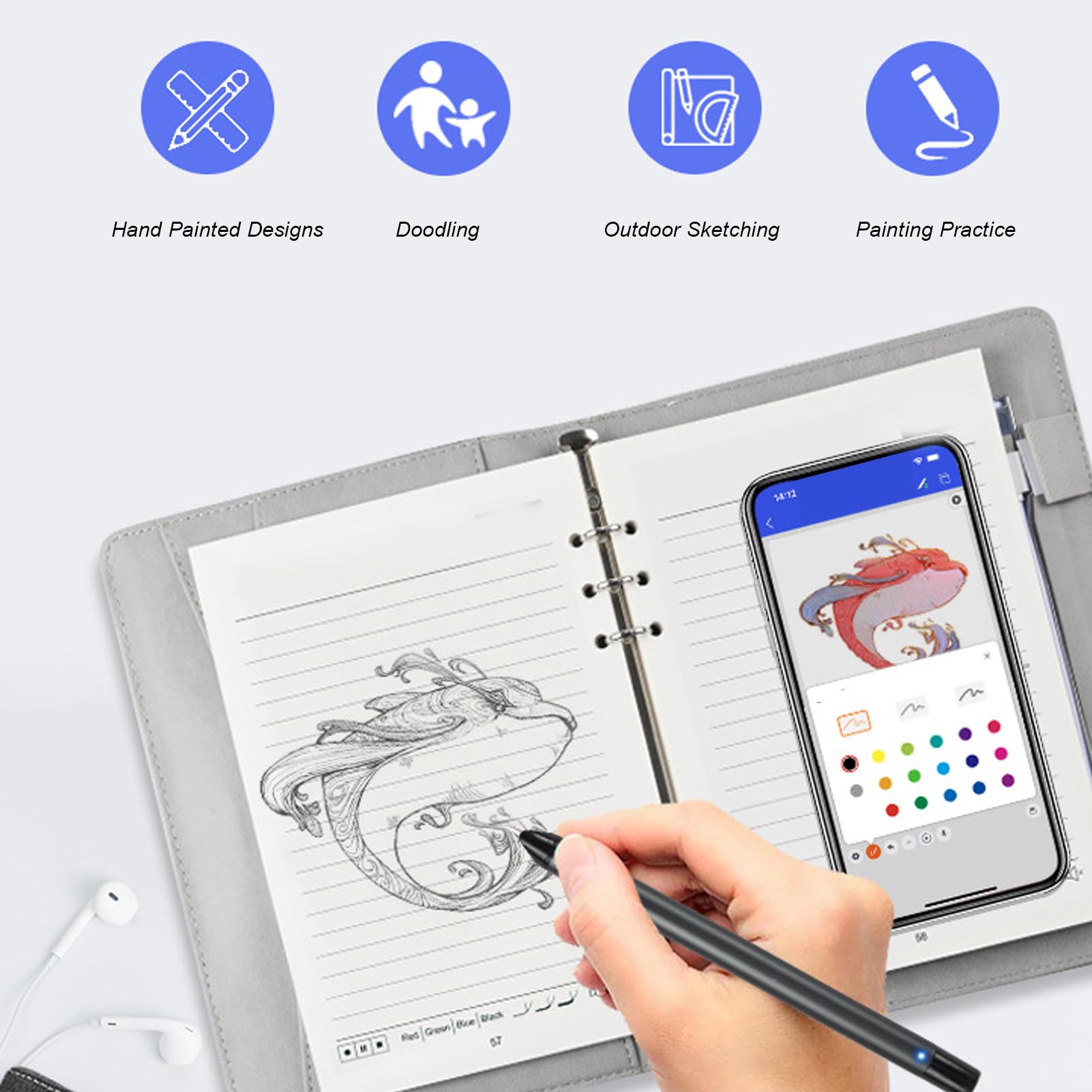 Dpofirs Digitales Notizbuch mit Smart Pen, Echtzeit -Synchronisation, Textkonvertierung über Bluetooth, Handschrift für Text, 80 -Seiten -Schreibsatz für Telefone Tablets (Black)