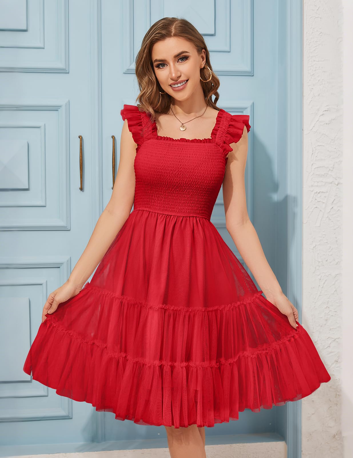 Meetjen Robe de bal de fin d'année 2025 avec volants en tulle froncé, longueur genou, col carré