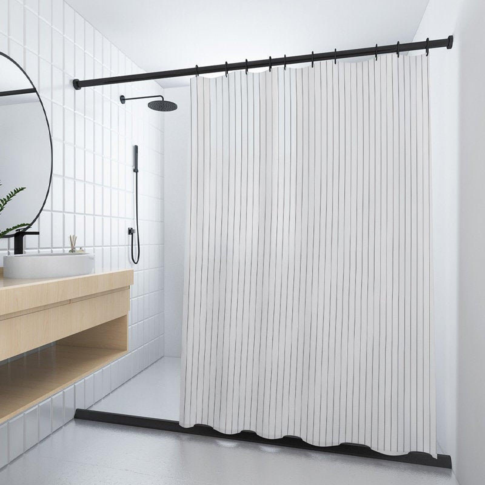 Uudiho Shower Curtain White Striped Fabric For Bathroom, Waterproof Washable Soft Cloth Shower Liner With 12 Plastic Hooks 150X150cm/59X59in(Wxh)