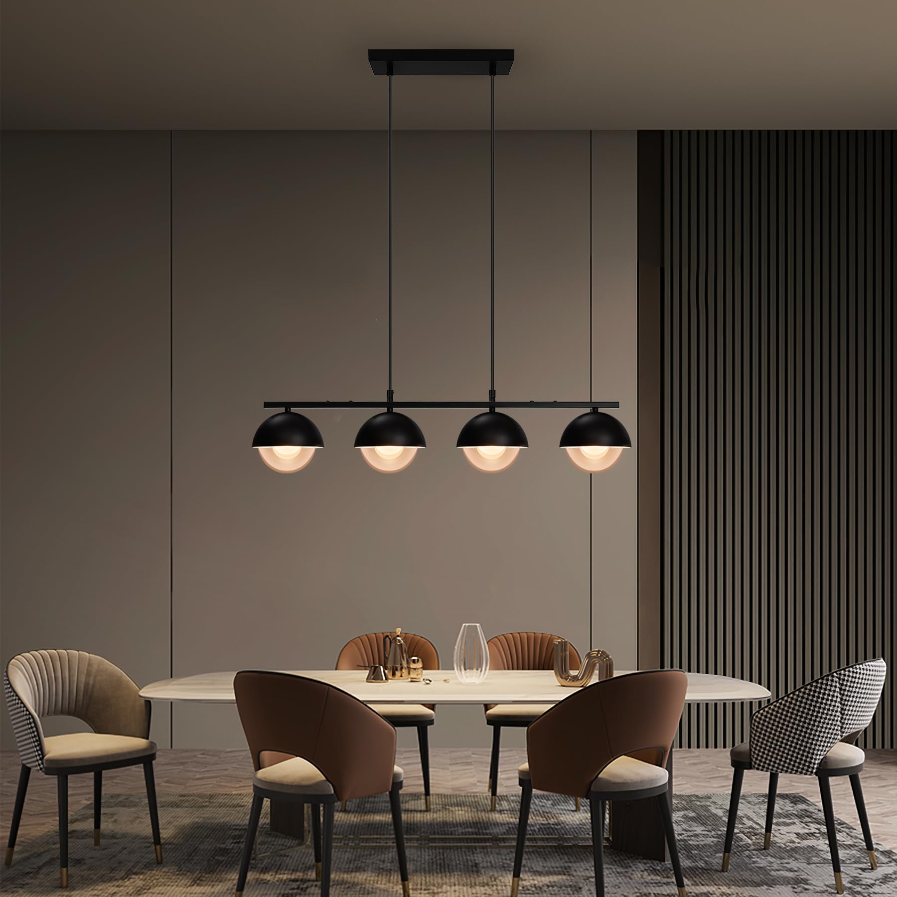 GarveeHome Industrieller Stil – 4-flammige Pendelleuchte – Schwarzes Metall, weiße & klare Glasschirme – Höhenverstellbar – G9 Fassungen – Ohne Leuchtmittel –4xG9, Ø120mm, 300x100xH25mm