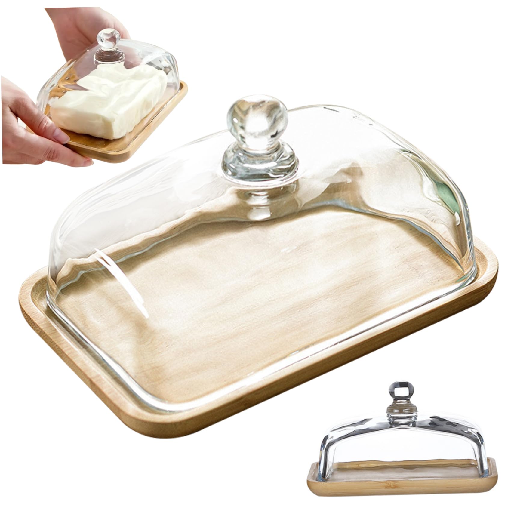 Wedhapy Butter Dish with Lid Glass Butter Dish with Lid 7x4in Multi-functional Clear Square with & Bamboo Tray for Refrigerator Counter