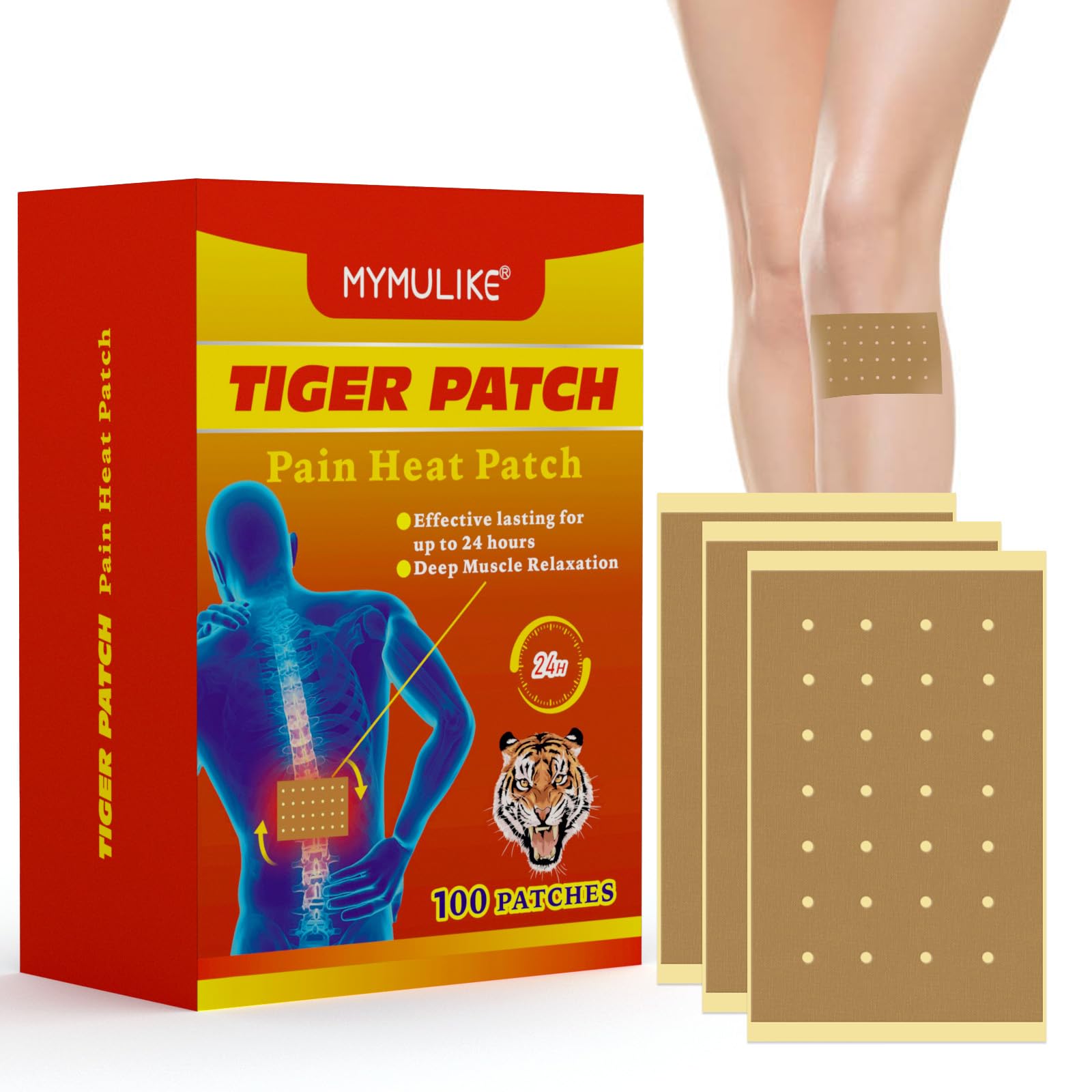 MYMULIKE Tigre Parches Para el Dolor, 100Pcs Parches de Calor, Para Alivio del Dolor Parches de Dolore de Acción Rápida y Alivio Duradero del Dolore Muscular Para Rodilla, Espalda, Cuello, Hombro