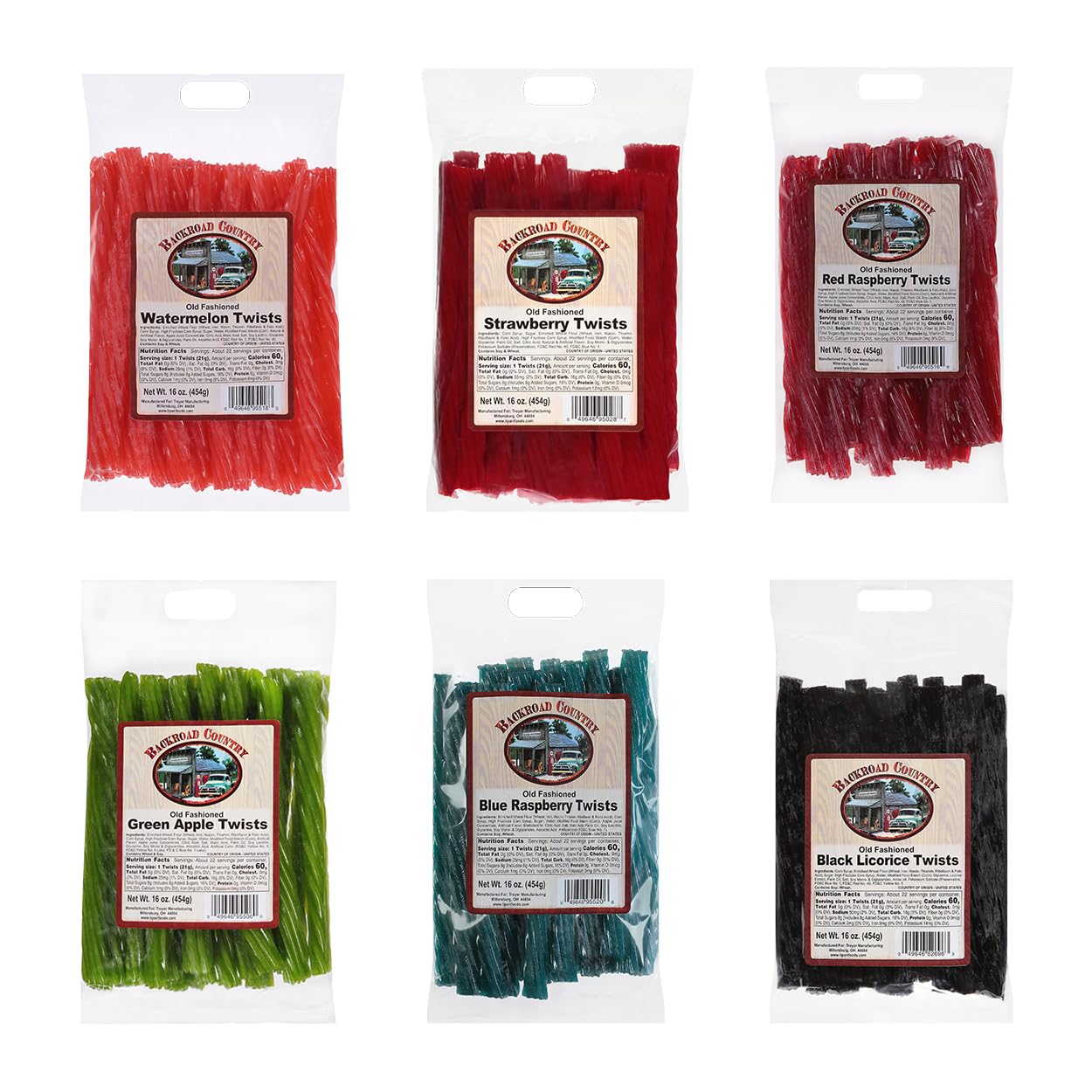 Backroad Country Old Fashioned Variety Pack Twists - Licorice Candy - Made in the USA - 16 OZ (Pack of 6)