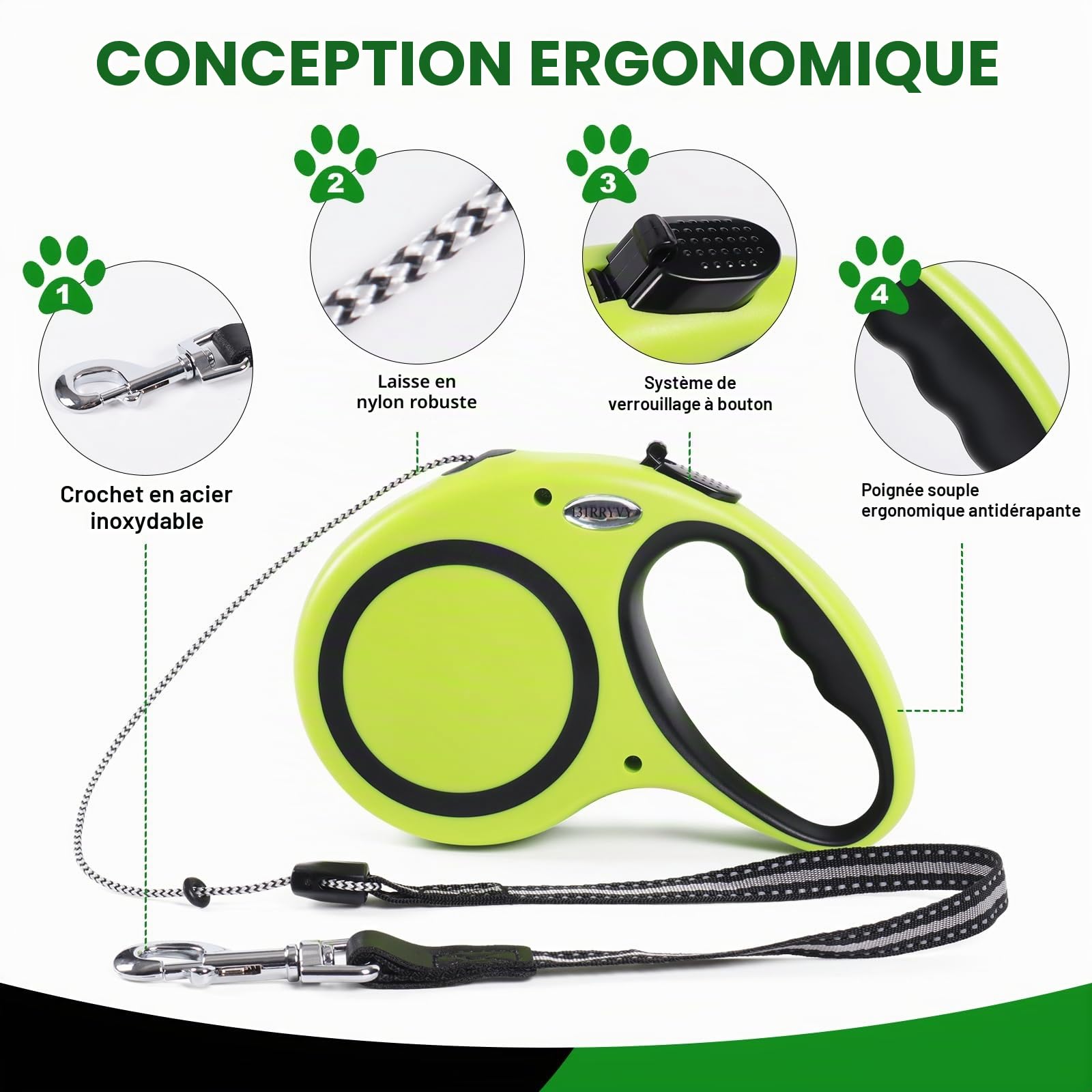Laisse rétractable pour chien de 9,1 m, laisse sans enchevêtrement à 360° pour chiens de petite, moyenne et grande taille pesant jusqu'à 35 kg, frein à une main, pause à un bouton, verrouillage (vert)