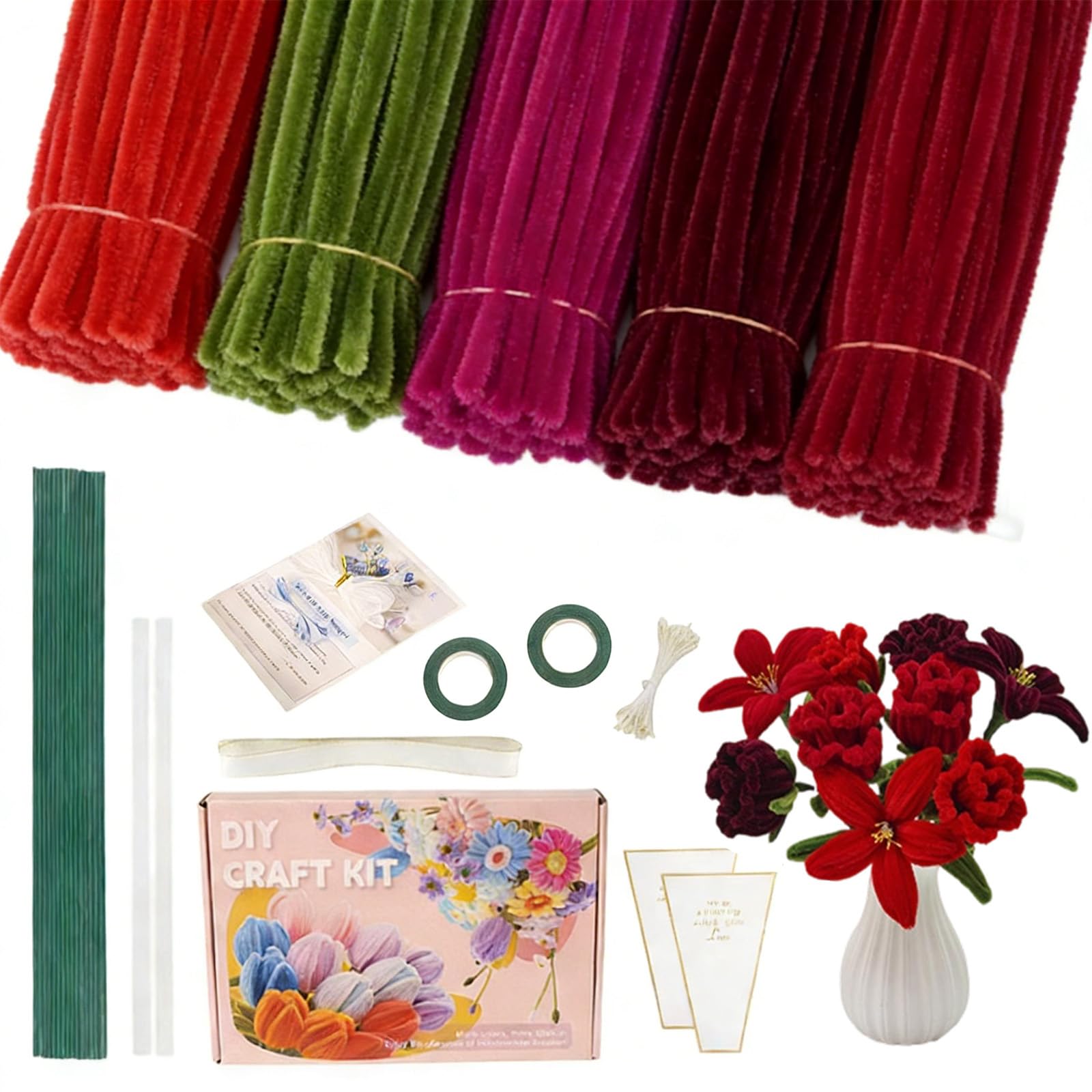 500 Stück Pfeifenreiniger Blumen Set, Pfeifenputzer Zum Basteln, Pfeifenreiniger Blumen mit Blumendraht, Geschenkband, Klebeband, Anleitung zum Blumenbasteln (Rose und Lilie)