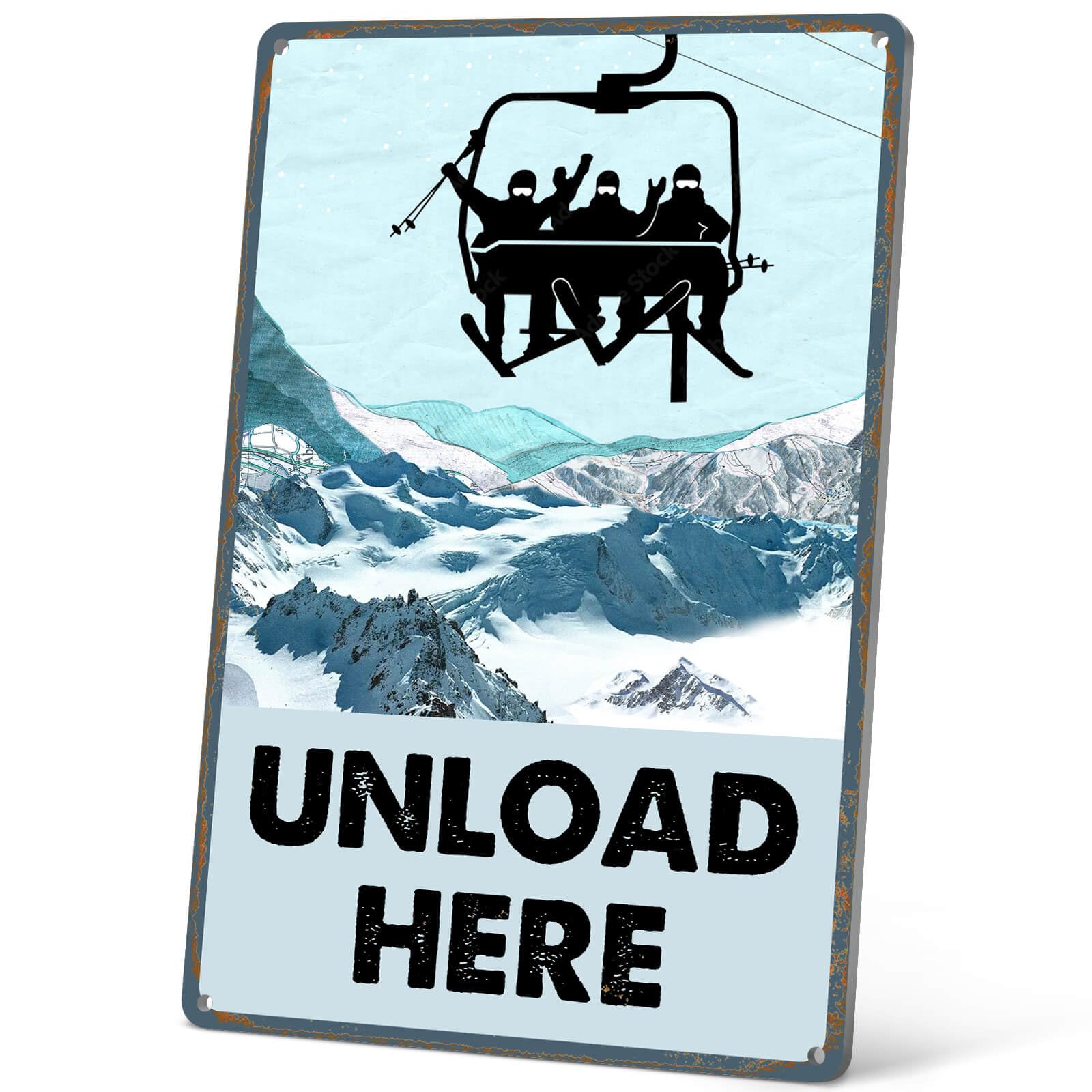 HYBLOM Vintage Unload Here Metal Sign - Ski Decor, Skiing Party Decorations for Chalet, Lodge, Apres Ski, Ski Resort Wall Art, Aluminum 12x8 Inch