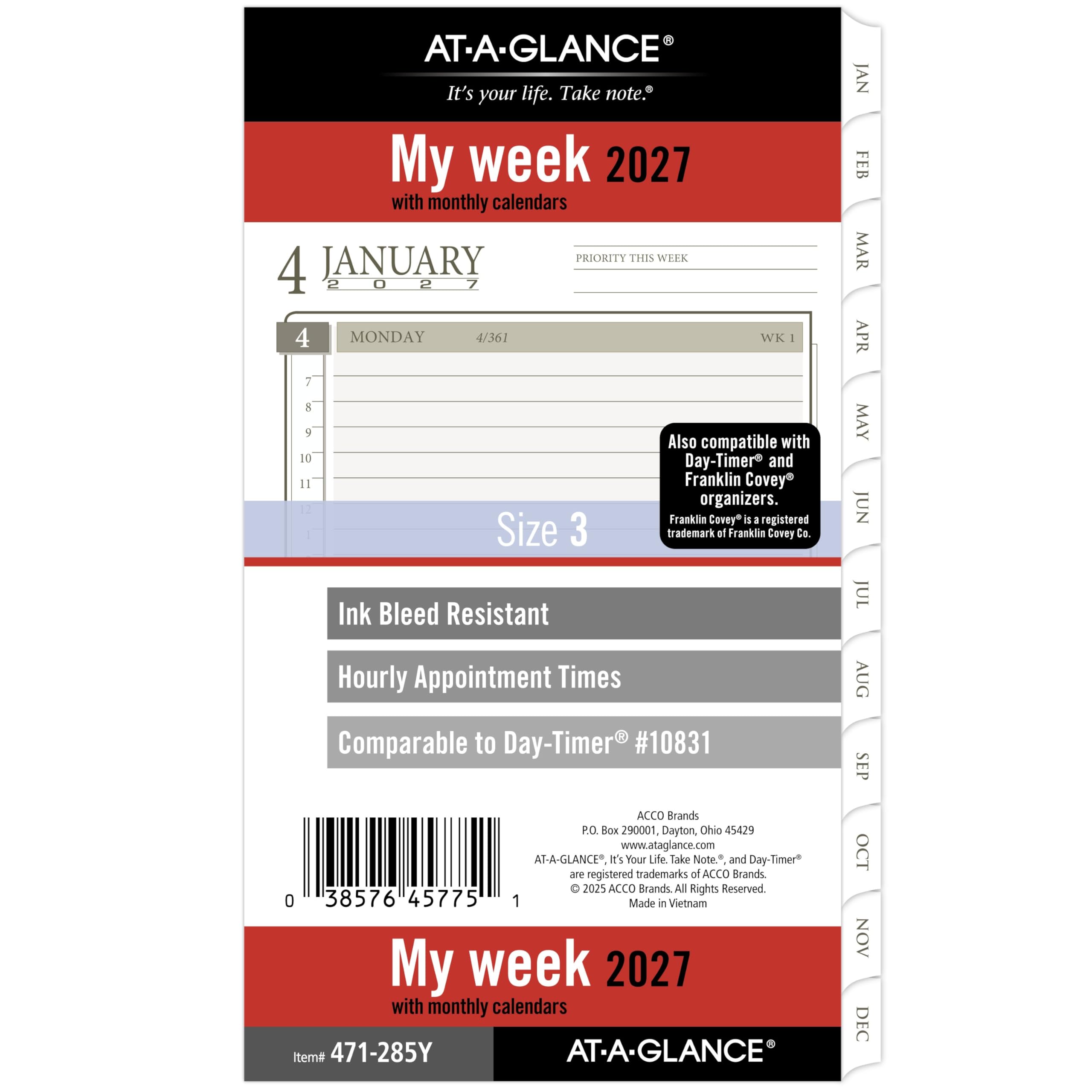 AT-A-GLANCE 2027 Planner Refill, Weekly & Monthly, 3.75" x 6.75", Portable Size 3, Tabbed, 6-Ring Loose-Leaf (471-285Y-27) โ image 1