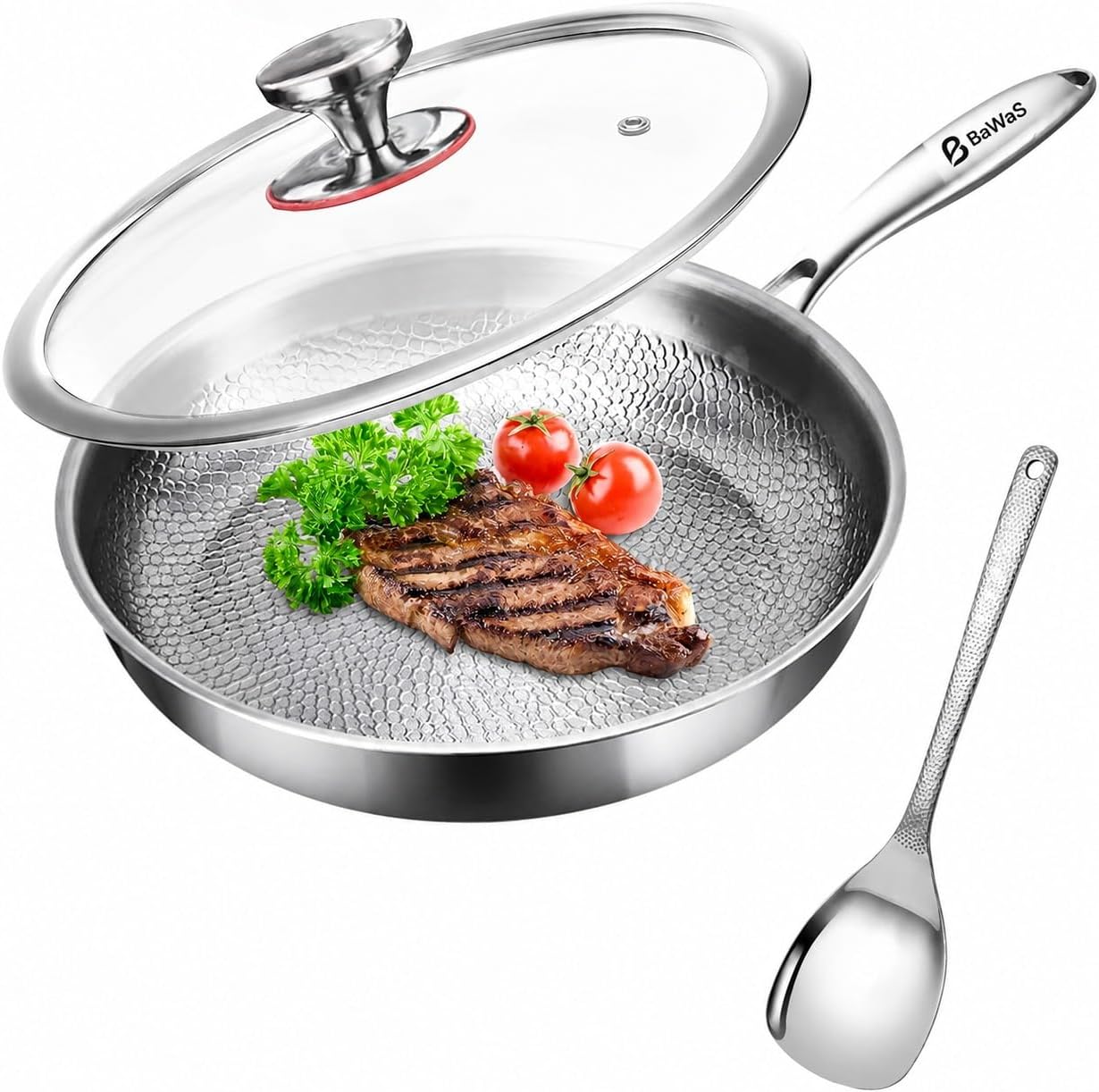 Titanium Pan, 12 Inch Pure Titanium Hammered Pro frying pan with Lid, Truner Non-Toxic Skillet for Cooking, Cookware, Dishwasher&Oven Safe, Kitchen Induction Compatible