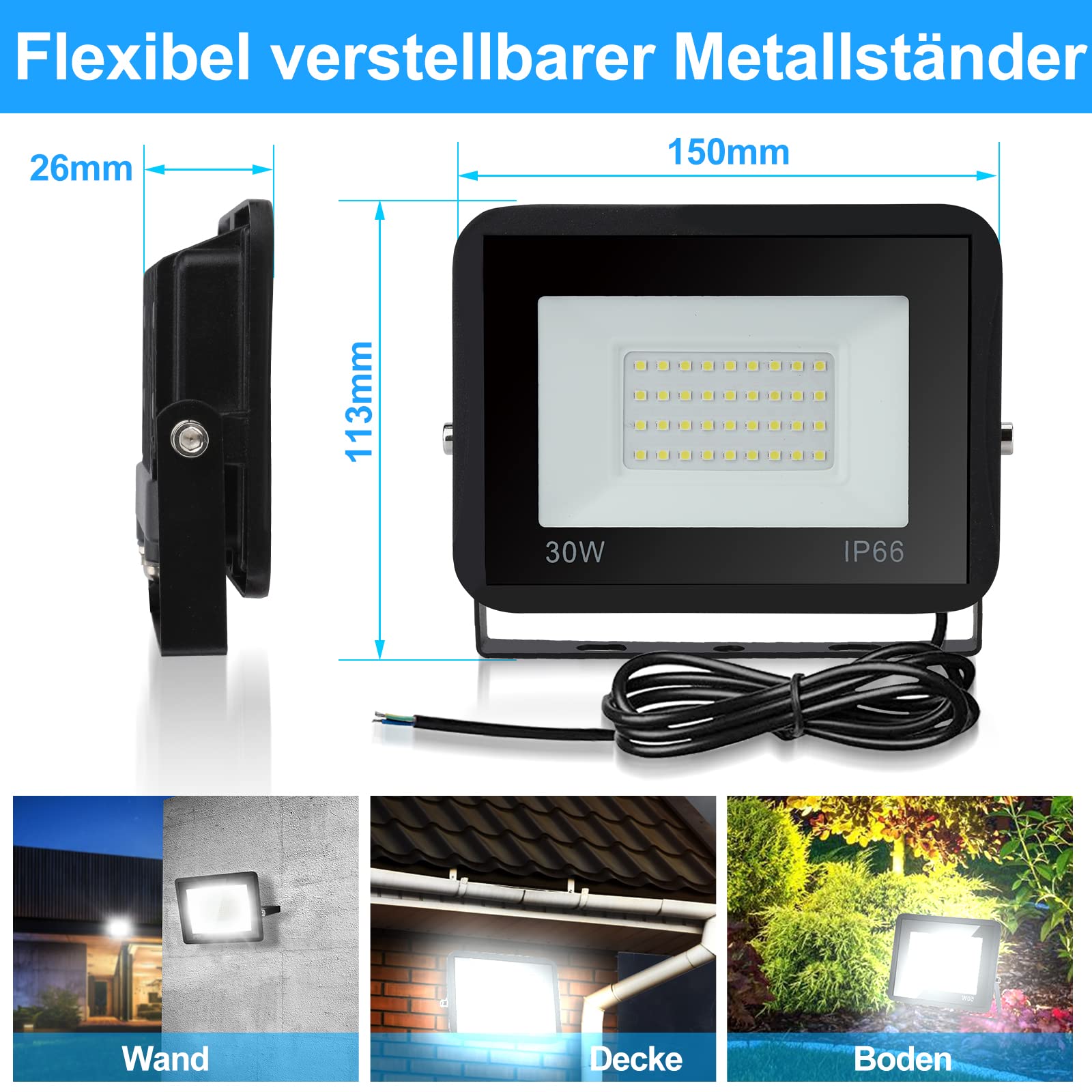 Herrselsam 10 Stücke30W LED Außenbeleuchtung Scheiwerfer, 6000K Kaltweiß Flutlicht, 2550LM Superhell Alu LED Strahler Außen, IP66 Wasserdicht Außenleuchte für Innen & Außen(kein Stecker)