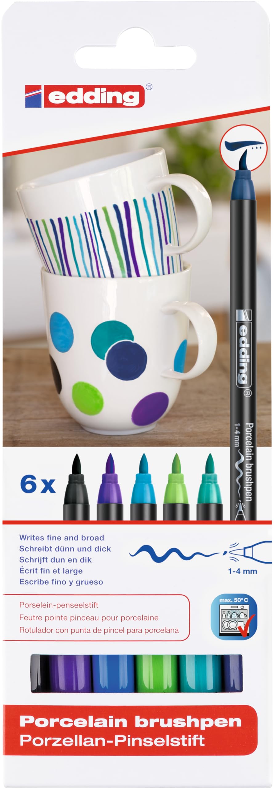 4200 porcelain brush pen - black, violet, 3x blue, green, - 6 pens - brush nib 1-4 mm - painting and decorating ceramics, porcelain - dishwasher-safe, lightfast ink, quick-drying - felt-nib pen