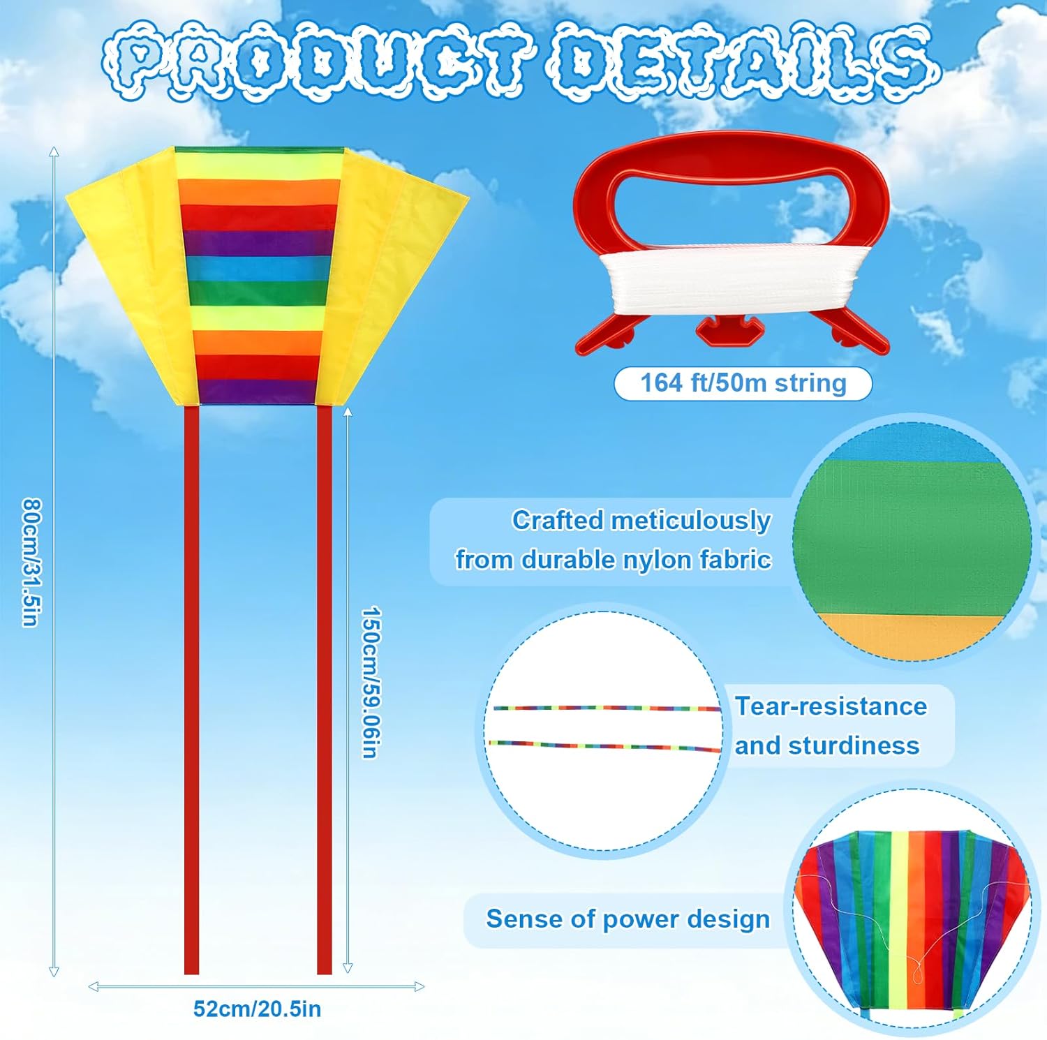 4 Pcs Rainbow Parafoil Kite for Adults Easy to Fly Pocket Kites with 59 Inch Long Tail 164 ft Kite Reel String for Summer Party Beach Park Garden Playground Outdoor (4 Styles)