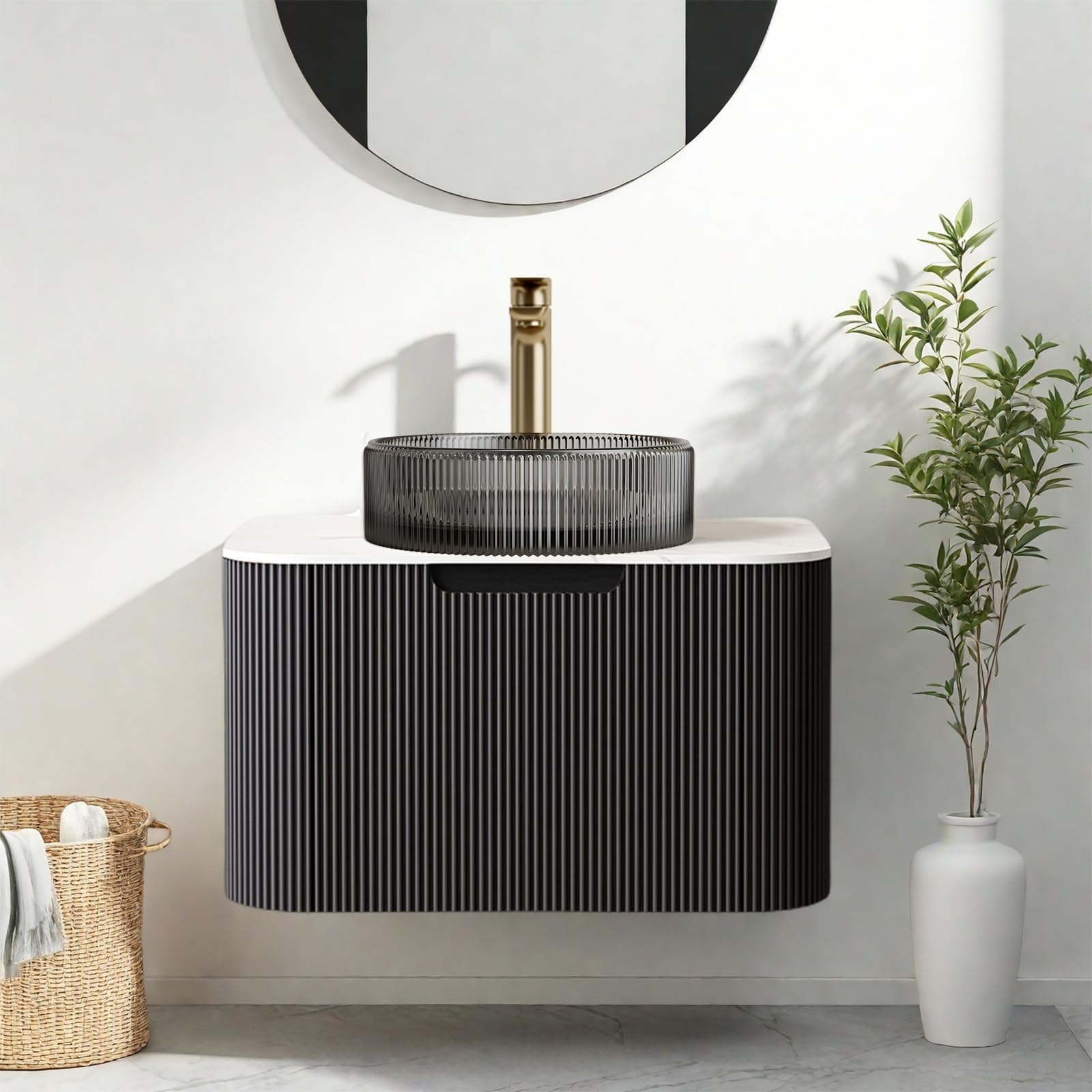 24 Inch Floating Bathroom Vanity with Sink, Modern Bathroom Cabinet with Transparent Black Glass Basin and Ultra-Thin Marble Top, Extra Large Storage Drawer, Soft-Close Design, Gloss Black