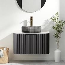 24 inch Plywood Floating Bathroom Vanity with Sink, Gloss Black | Modern Bathroom Cabinet with Transparent Black Glass Basin and Ultra-Thin Marble Top, Extra Large Soft-Close Storage Drawer