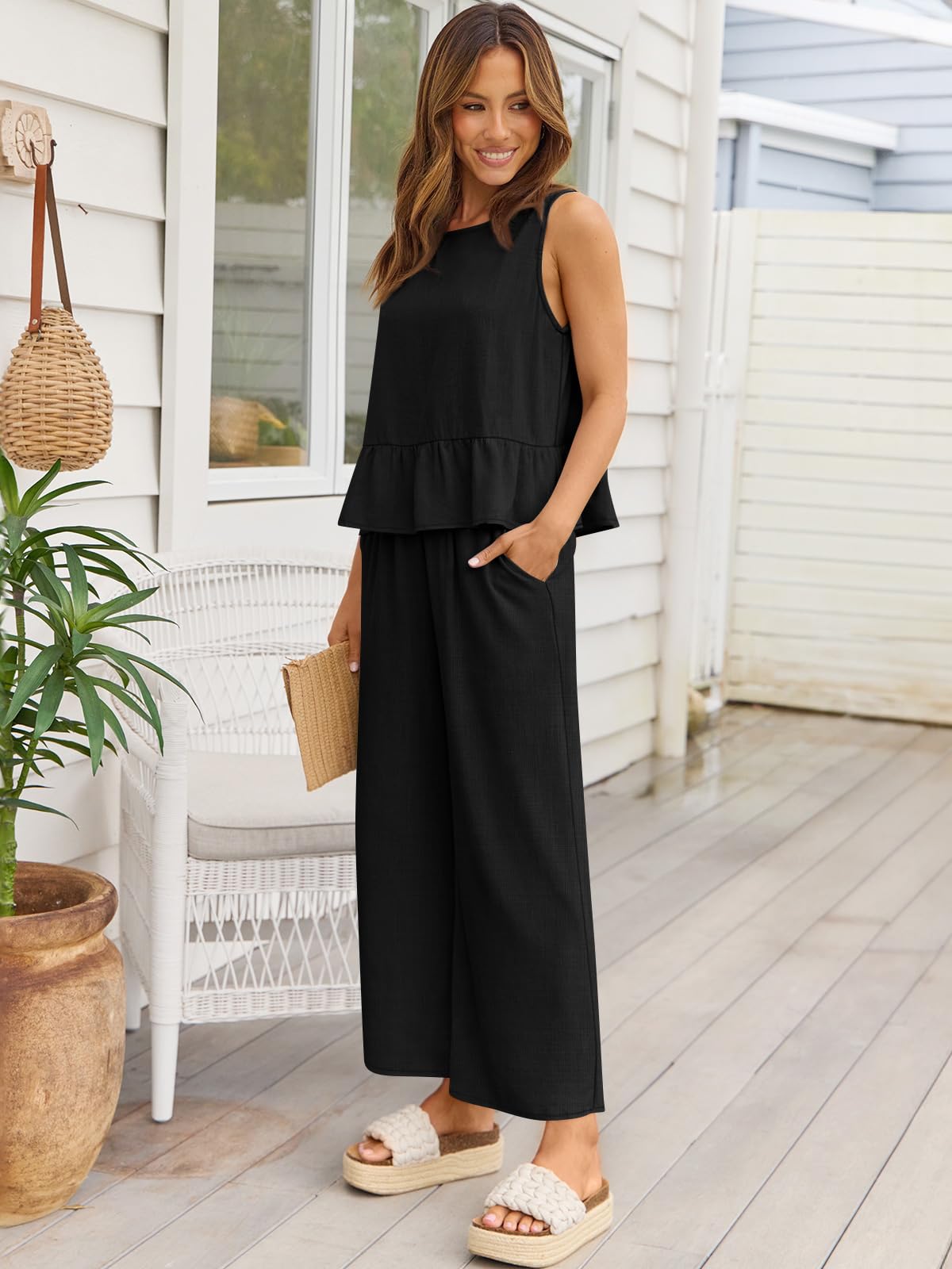 AUTOMET 2-teiliges Sommer-Outfit für Damen, aus Leinen, bauchfrei, Tank-Tops, passende Sets und lange Trainingshosen, Trainingsanzüge