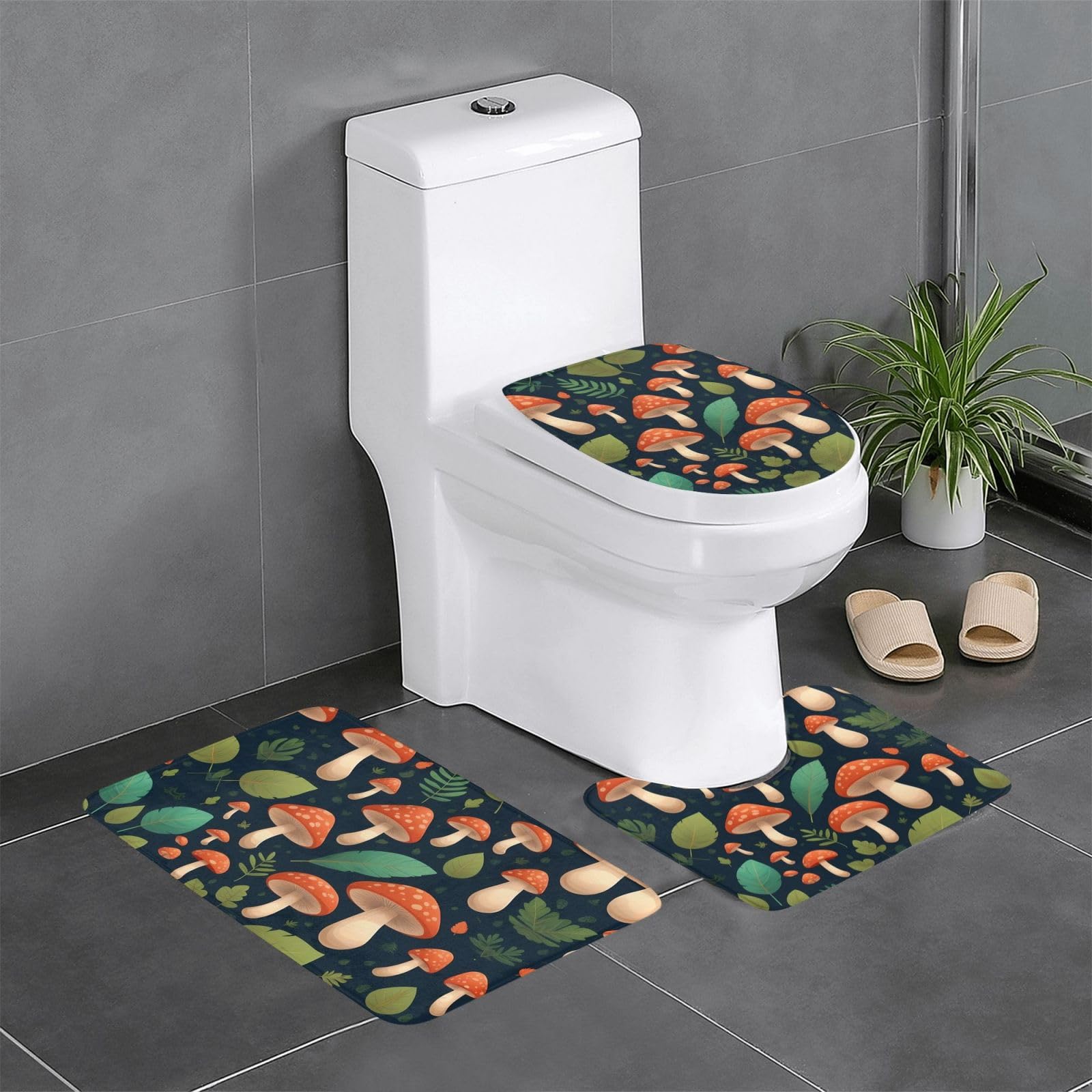 Tapis de salle de bain avec contour WC et set ovale à motif champignon pour sol de coiffeuse