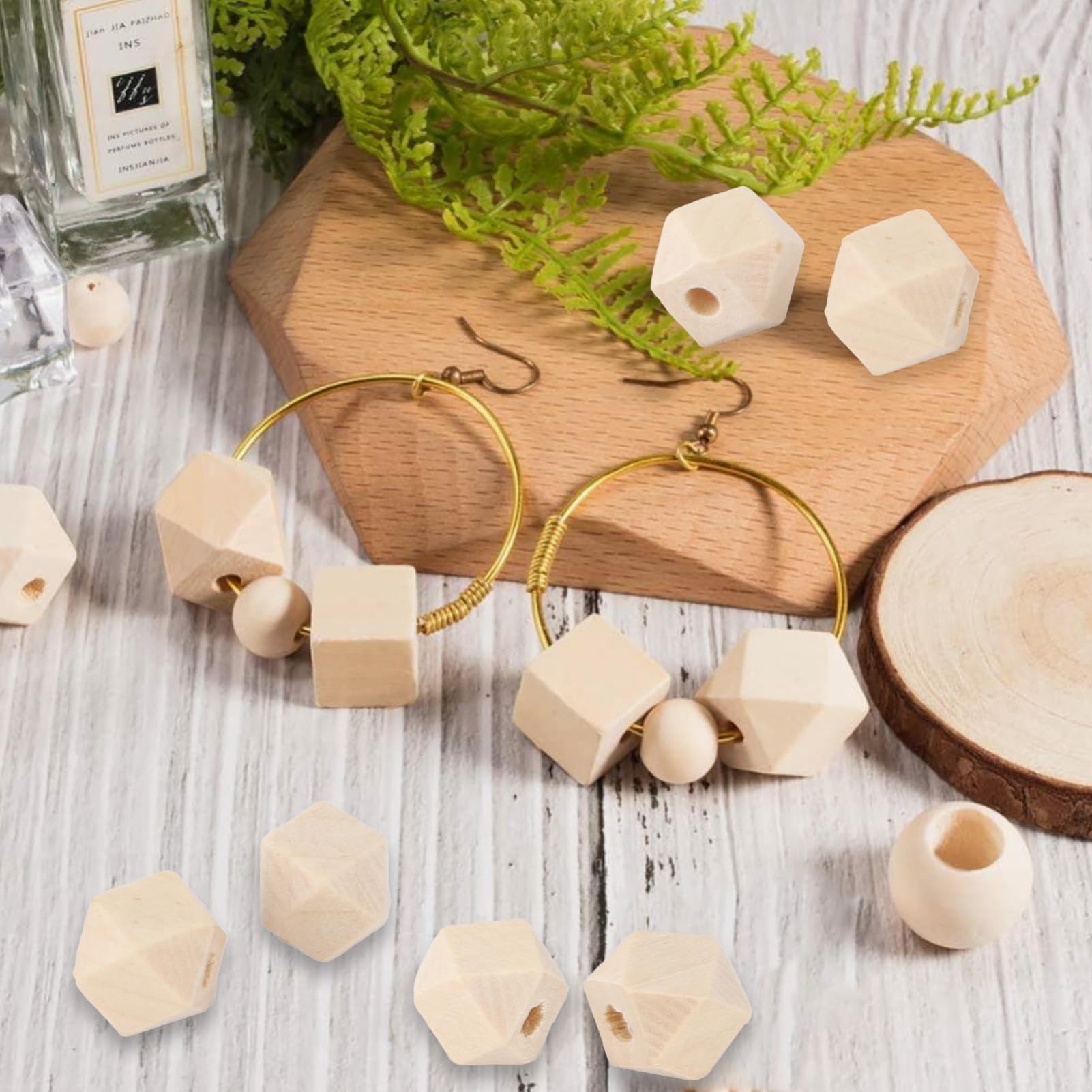 100 Perline Di Legno Ottagonali Geometriche, Foro Centrale, Per Creazioni Gioielli Fai-da-Te E Accessori Artigianali - Naturali